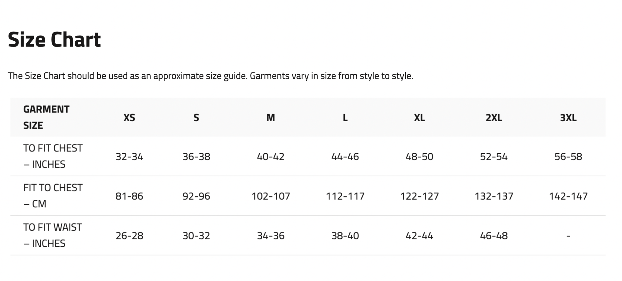 castle clothing sizes