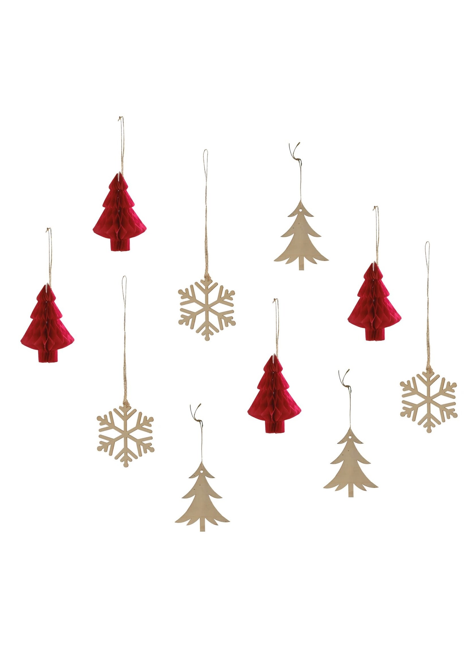 Ginger Ray Wooden Snowflake & Honeycomb Red Tree Christmas Hanging Decorations 12 Pack