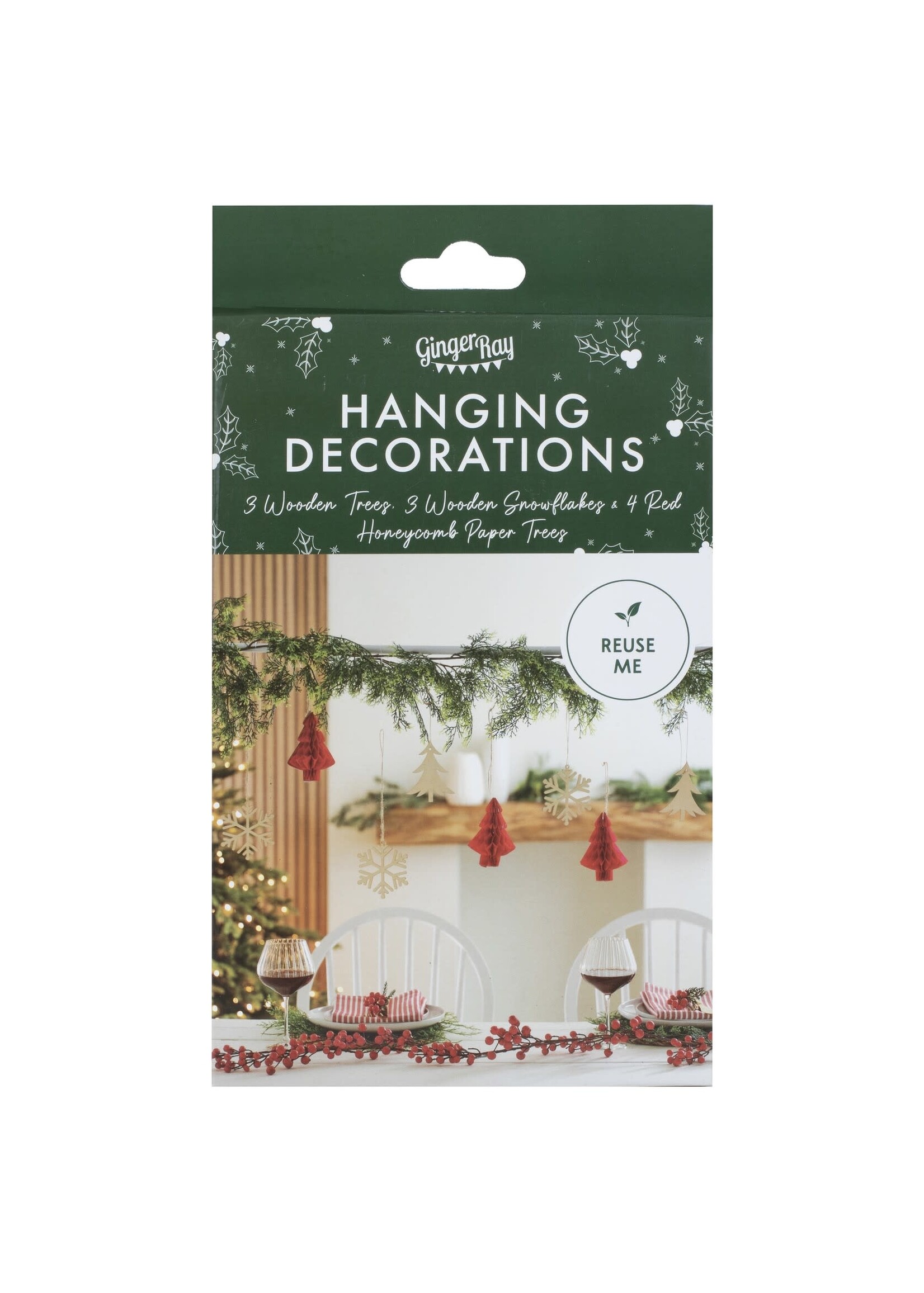 Ginger Ray Wooden Snowflake & Honeycomb Red Tree Christmas Hanging Decorations 12 Pack