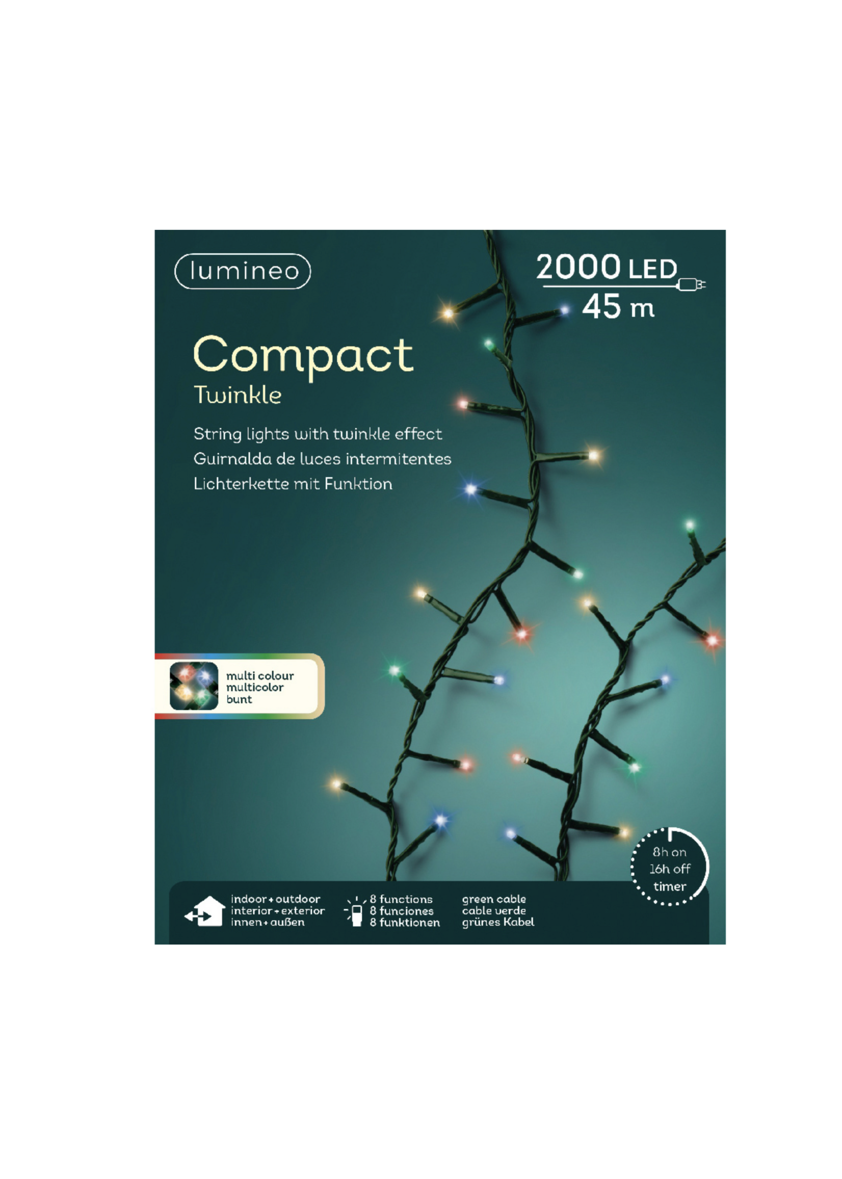 Lumineo Multi Coloured 2000 LED Compact Twinkle Lights Green Cable Indoor/Outdoor