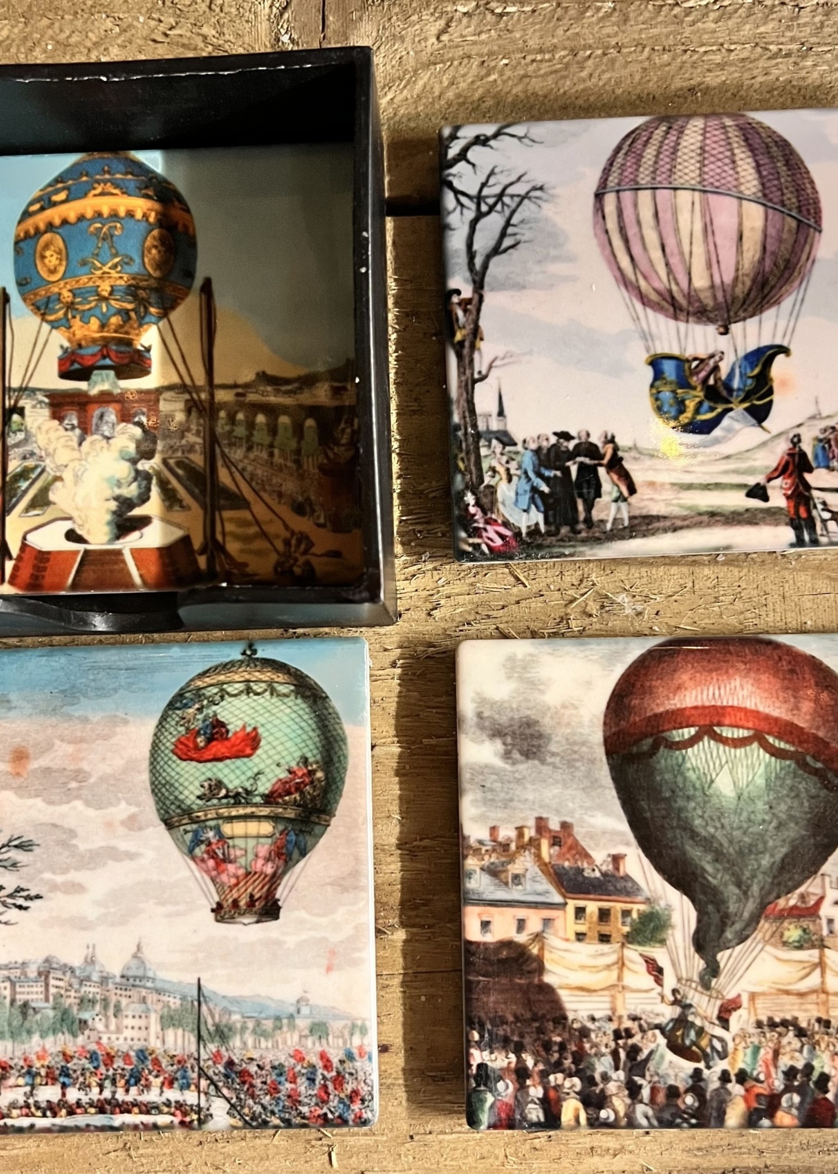 Vintage balloon Coasters set of four with holder