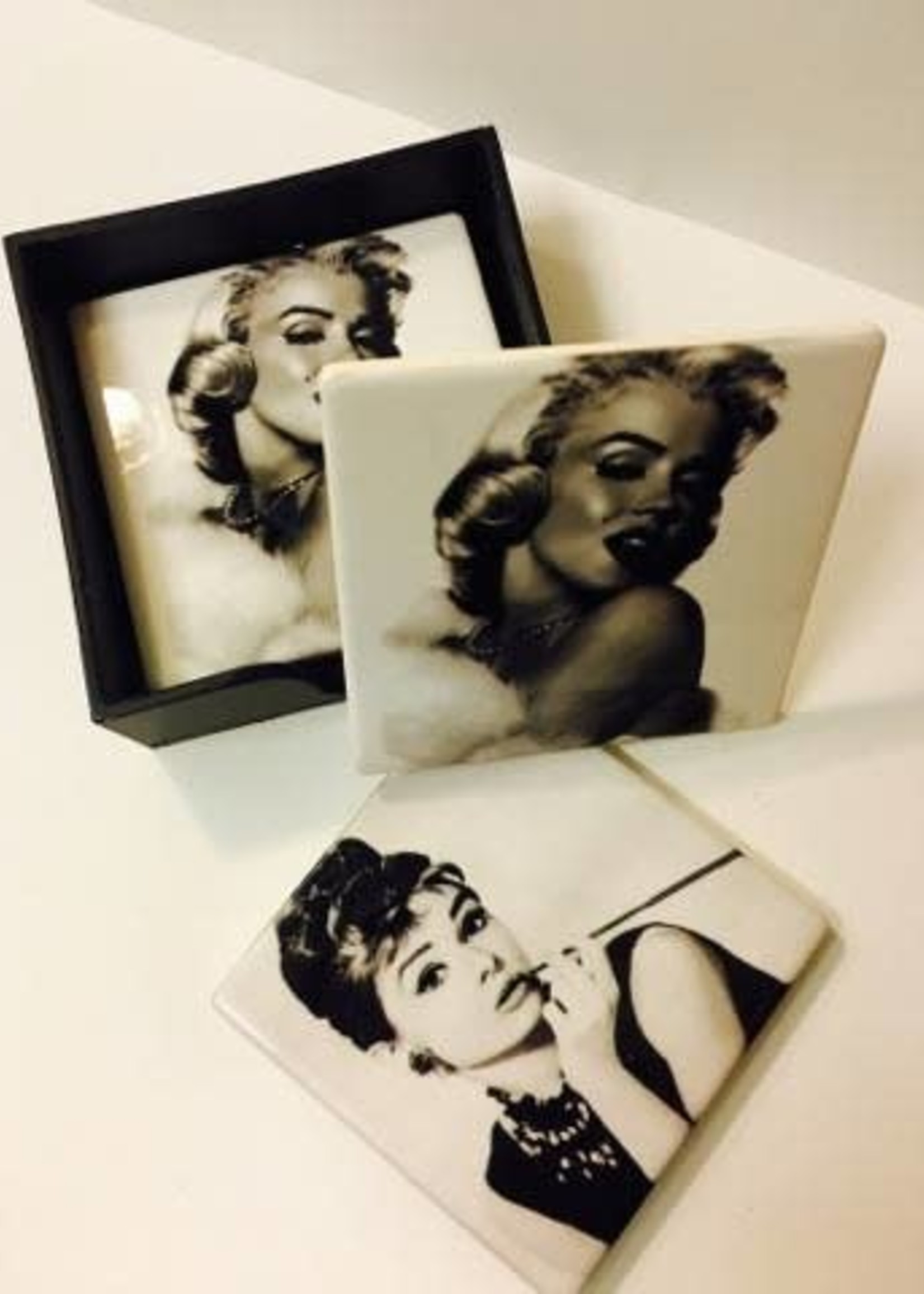 Marilyn Monroe/ /Audrey Hepburn Coasters set of four with holder