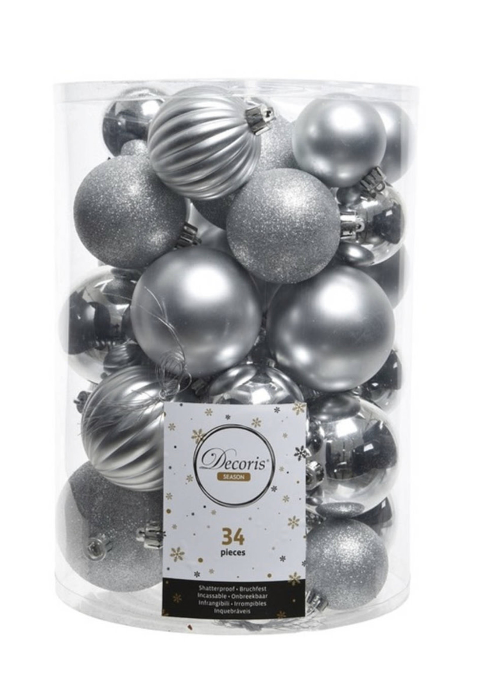 Shatterproof Mixed Baubles Pack 34 Silver colour - Clock’s Home and Garden