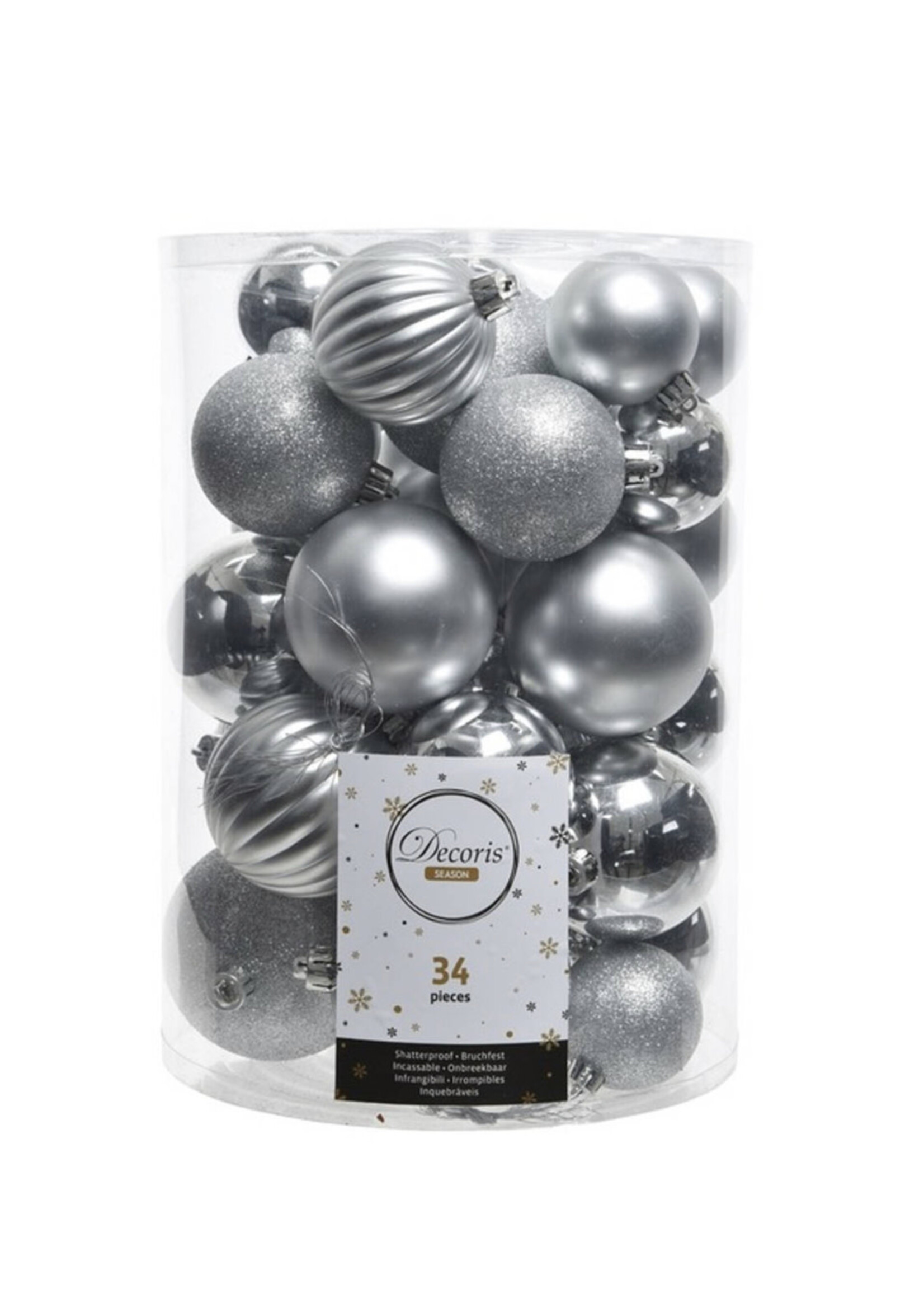 Shatterproof Mixed Baubles Pack 34 Silver colour
