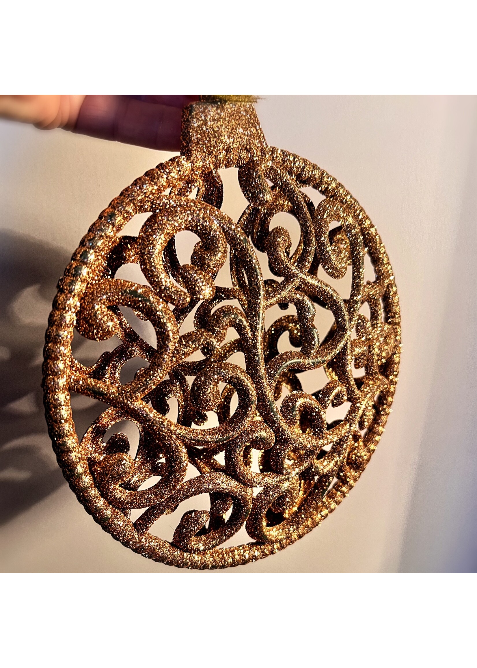 Coppery Glittery Baubles 19-23 cm in 3 assorted designs.