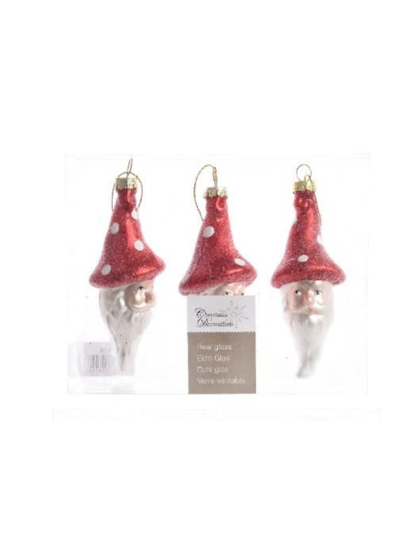 Decoris Santa  bauble with long red toadstool hat 3 Pack