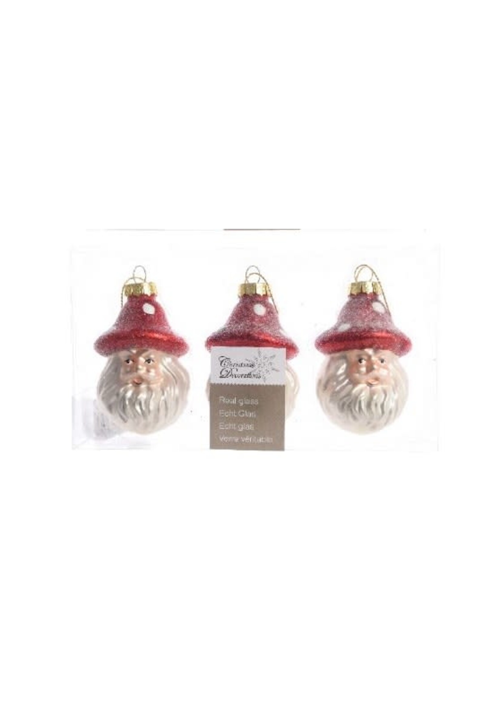 Decoris Santa  bauble with short red toadstool hat 3 pack