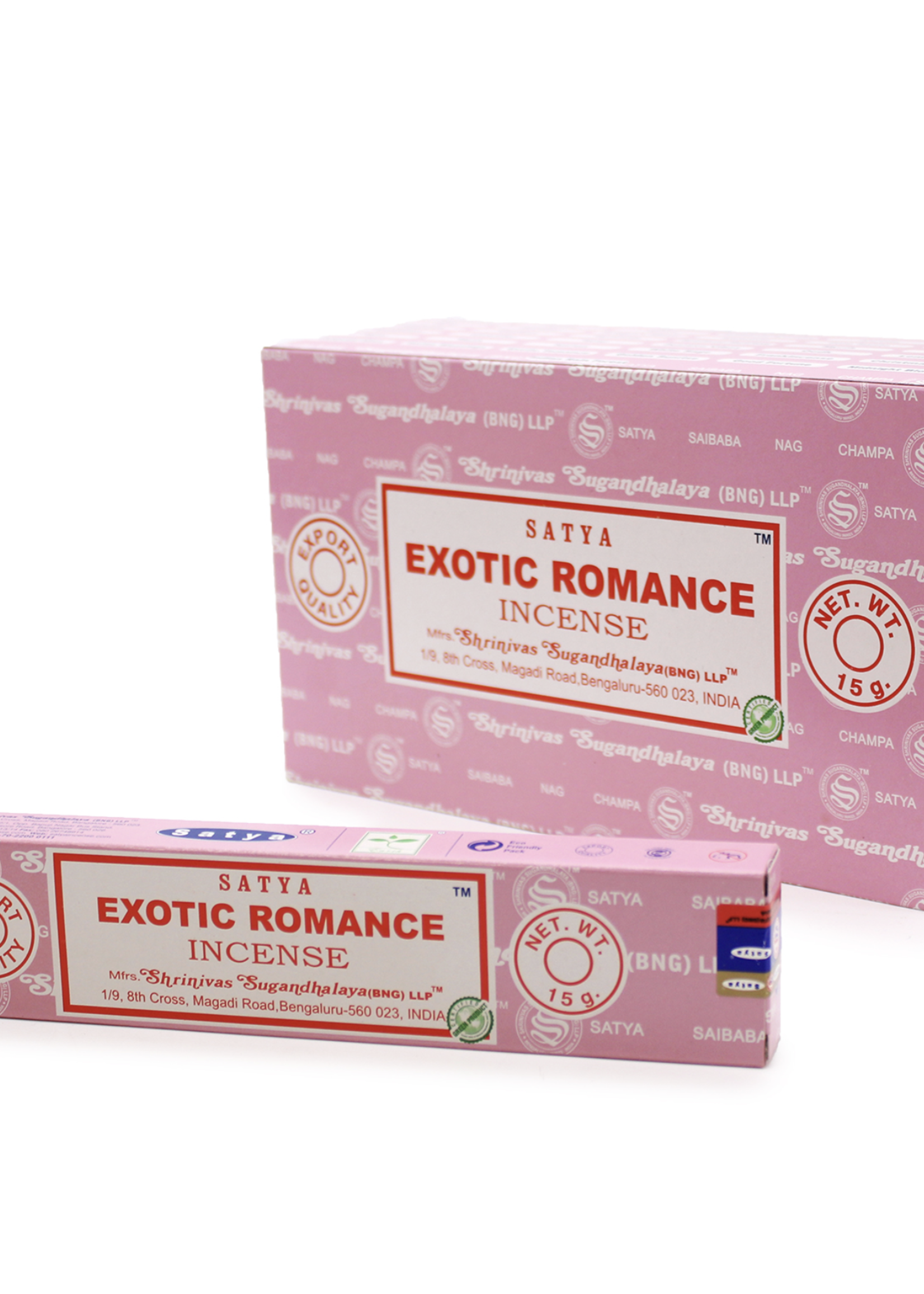 Satya Exotic Romance Incense Sticks one packet (image shows a box of packets and a box)