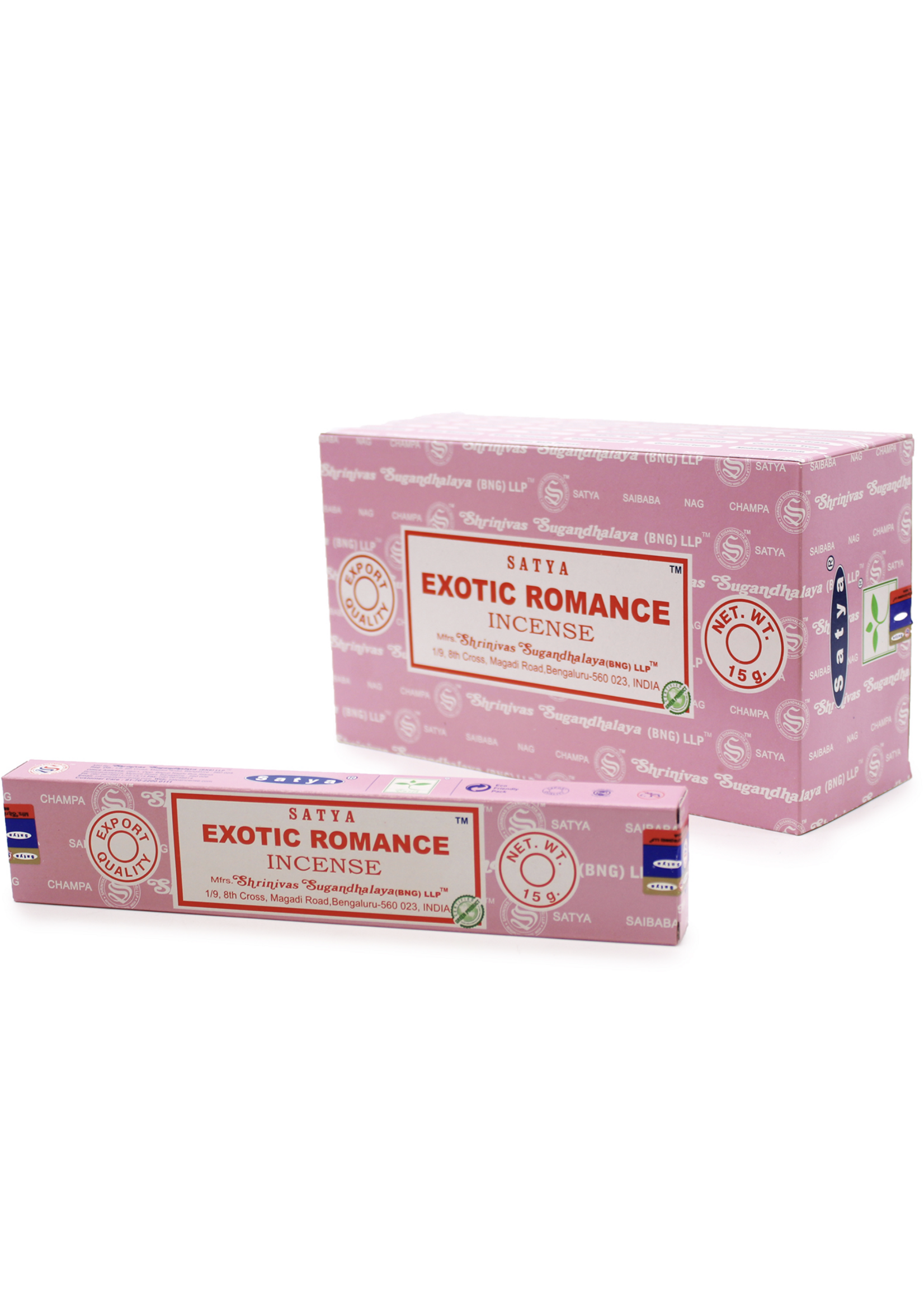 Satya Exotic Romance Incense Sticks one packet (image shows a box of packets and a box)