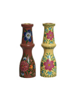 Decoris Mangowood Candleholder -  painted flowers 18 x 5.5cm