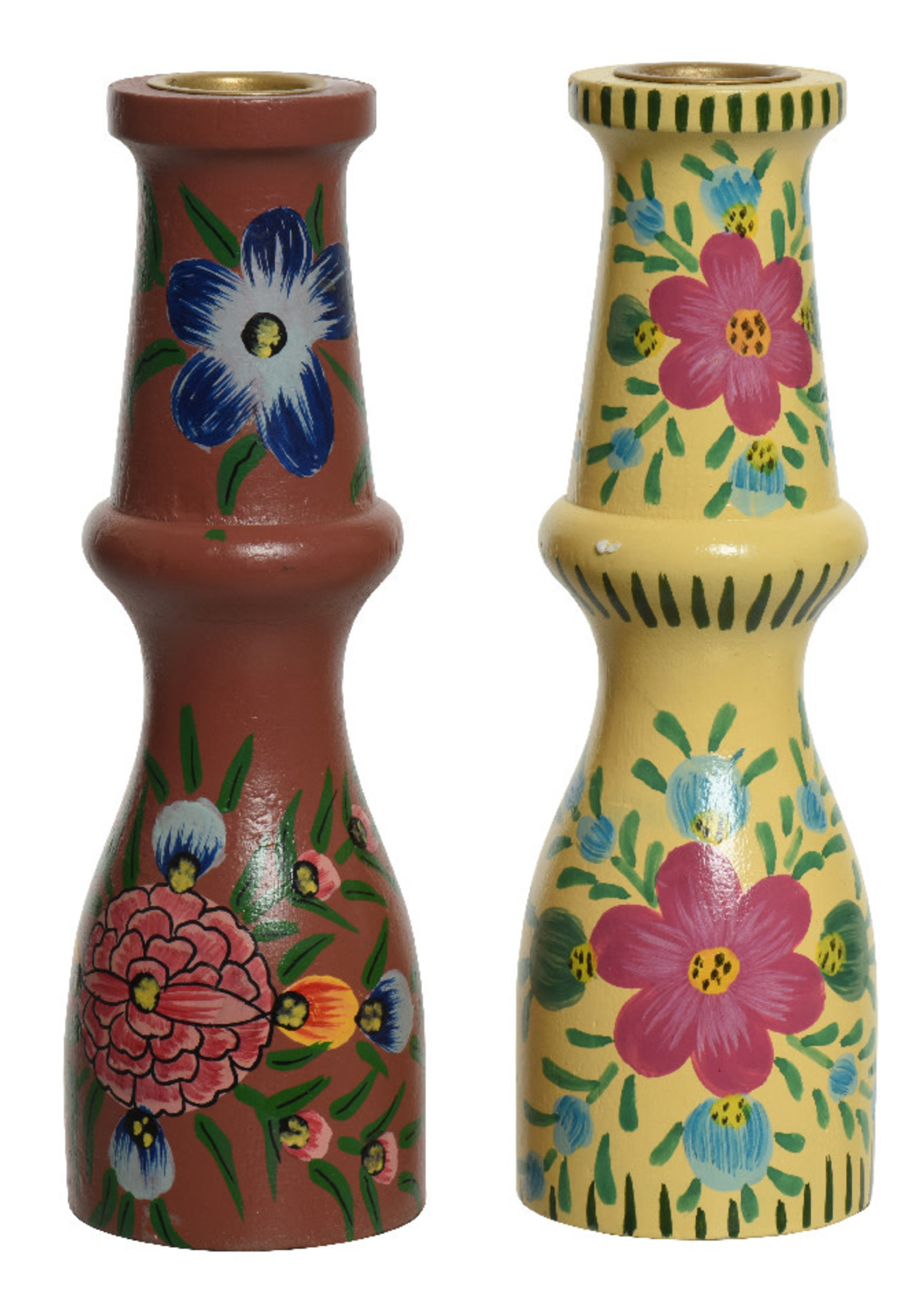 Decoris Mangowood Candleholder -  painted flowers 18 x 5.5cm