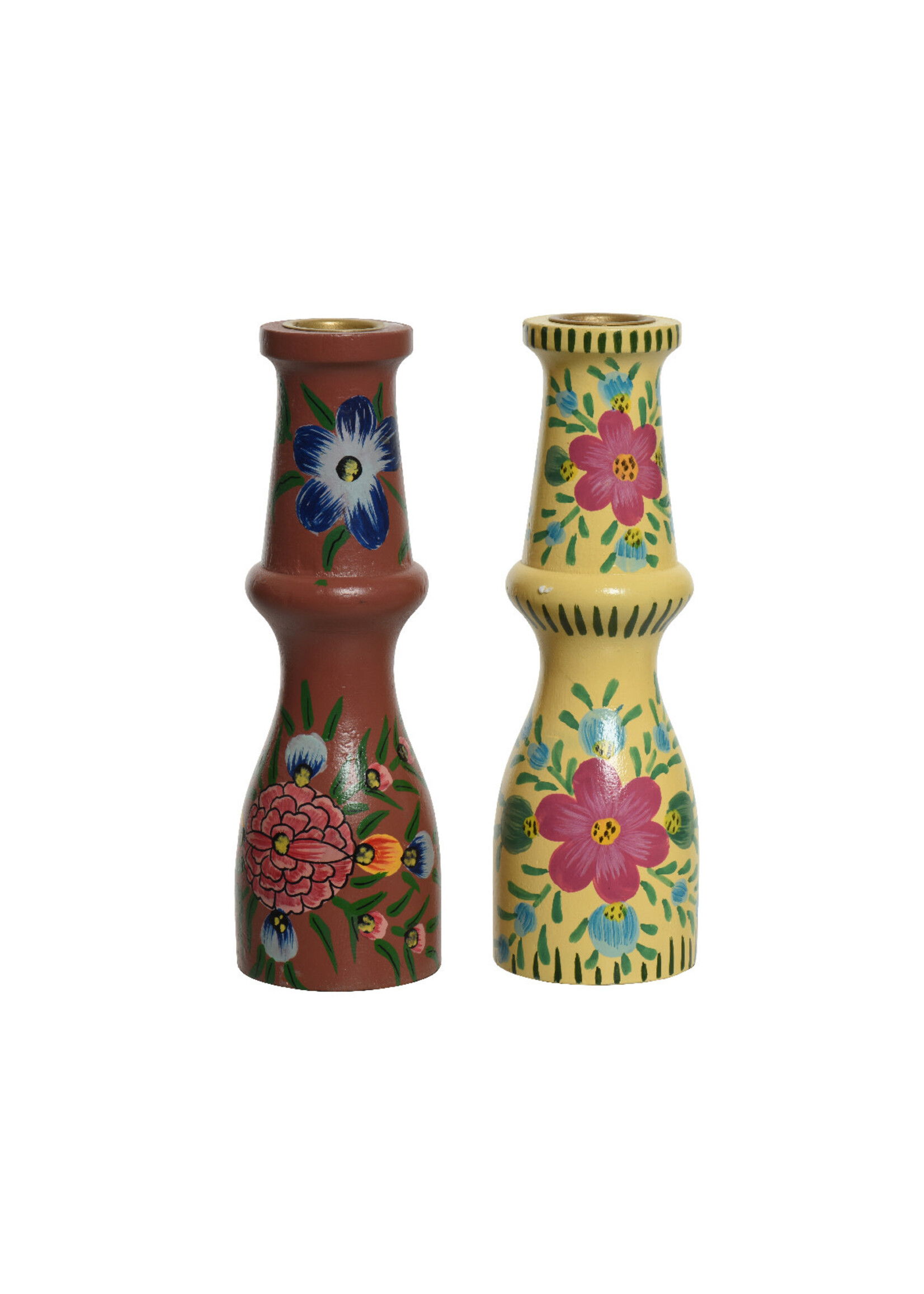Decoris Mangowood Candleholder -  painted flowers 18 x 5.5cm
