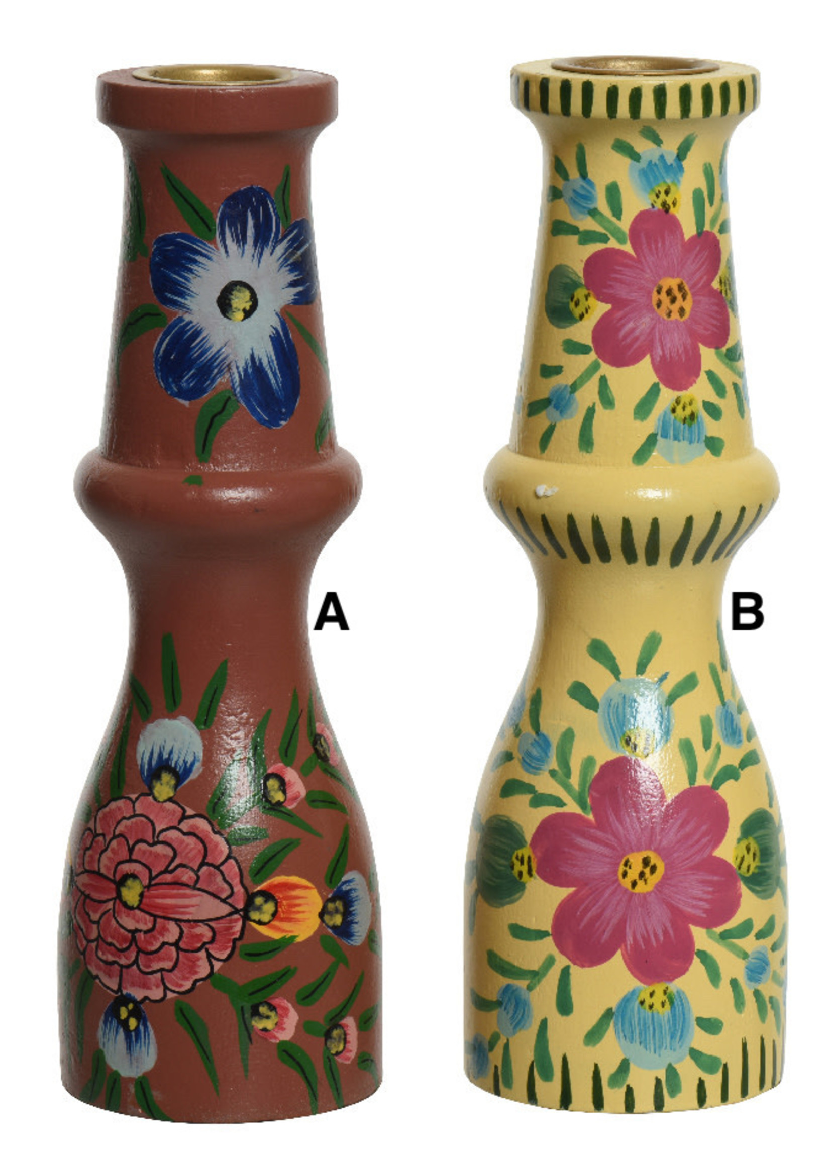 Decoris Mangowood Candleholder -  painted flowers 18 x 5.5cm