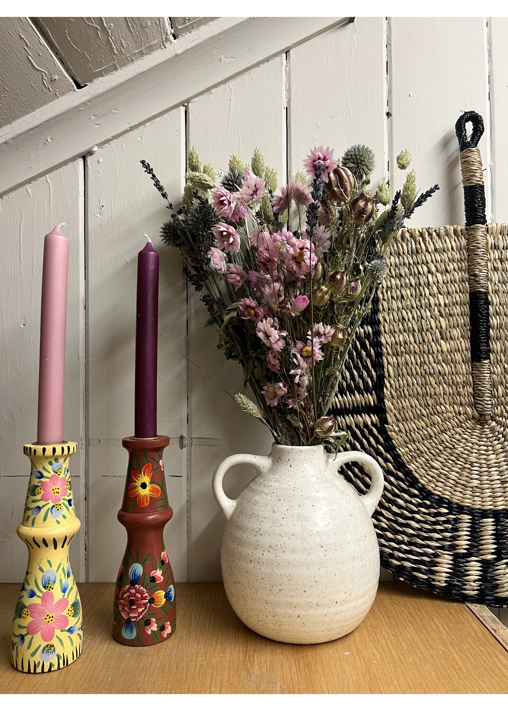 Decoris Mangowood Candleholder -  painted flowers 18 x 5.5cm