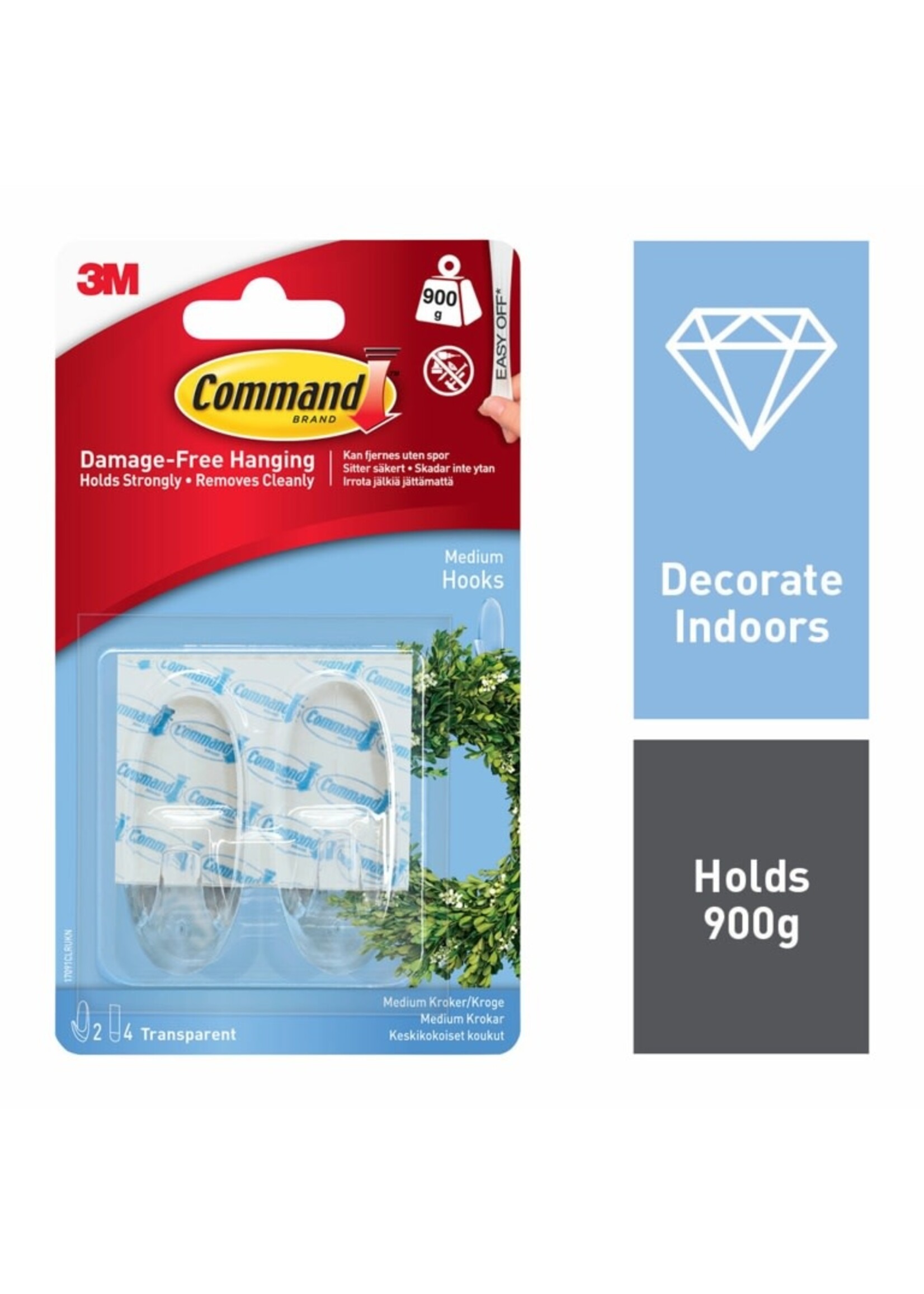 3M - Command Commad Clear Hooks Medium 2 Hooks, 4 Medium Strips