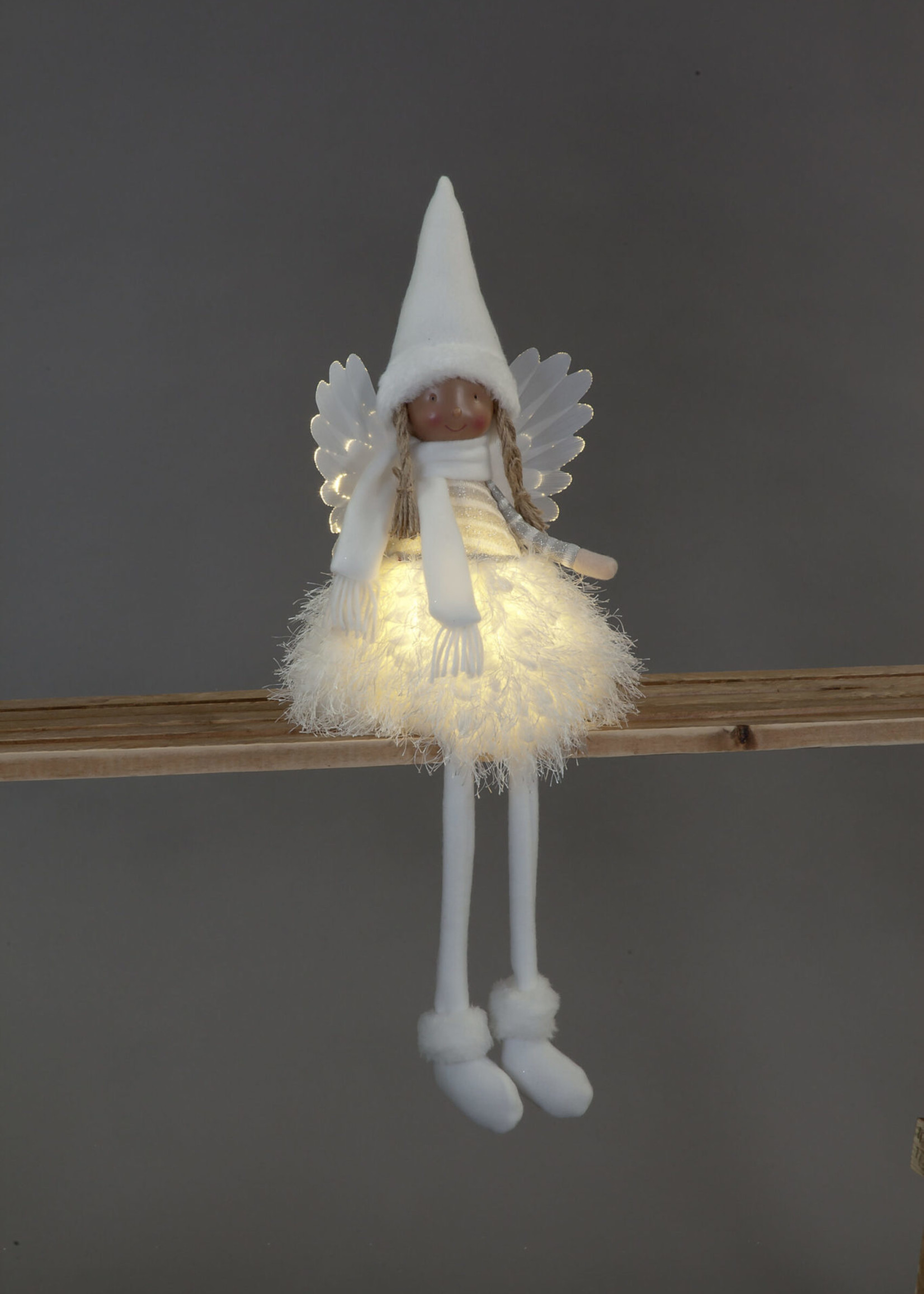 Snowtime LED Light Up Sitting Angel In White Fluffy Dress 56cm