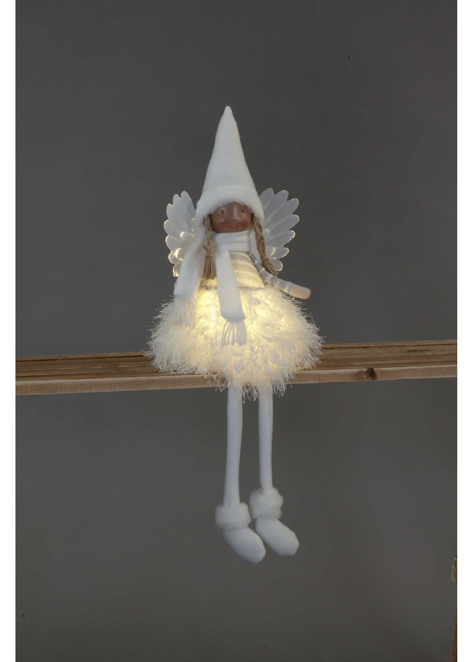 Snowtime LED Light Up Sitting Angel In White Fluffy Dress 56cm