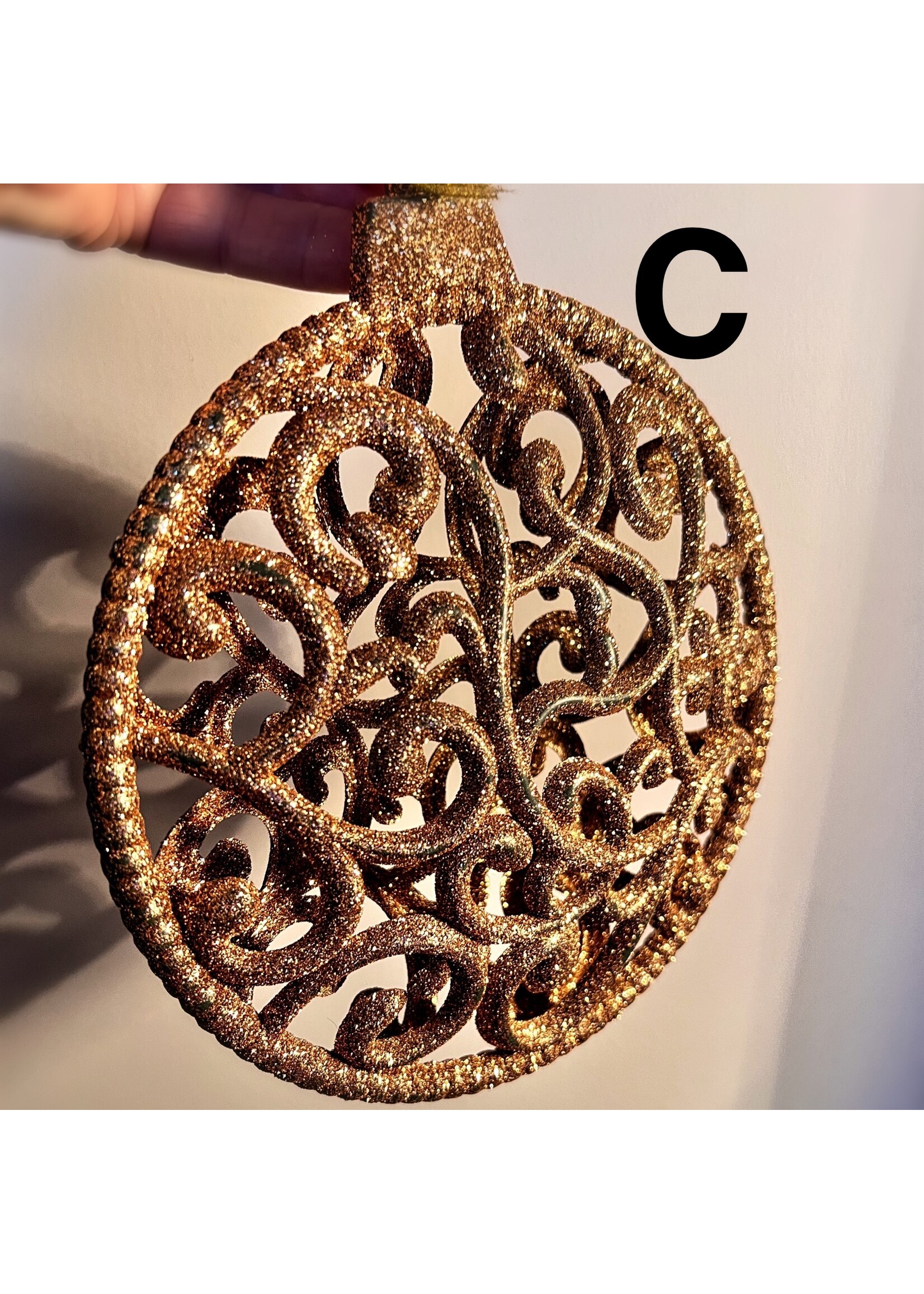 Coppery Glittery Baubles 19-23 cm in 3 assorted designs.