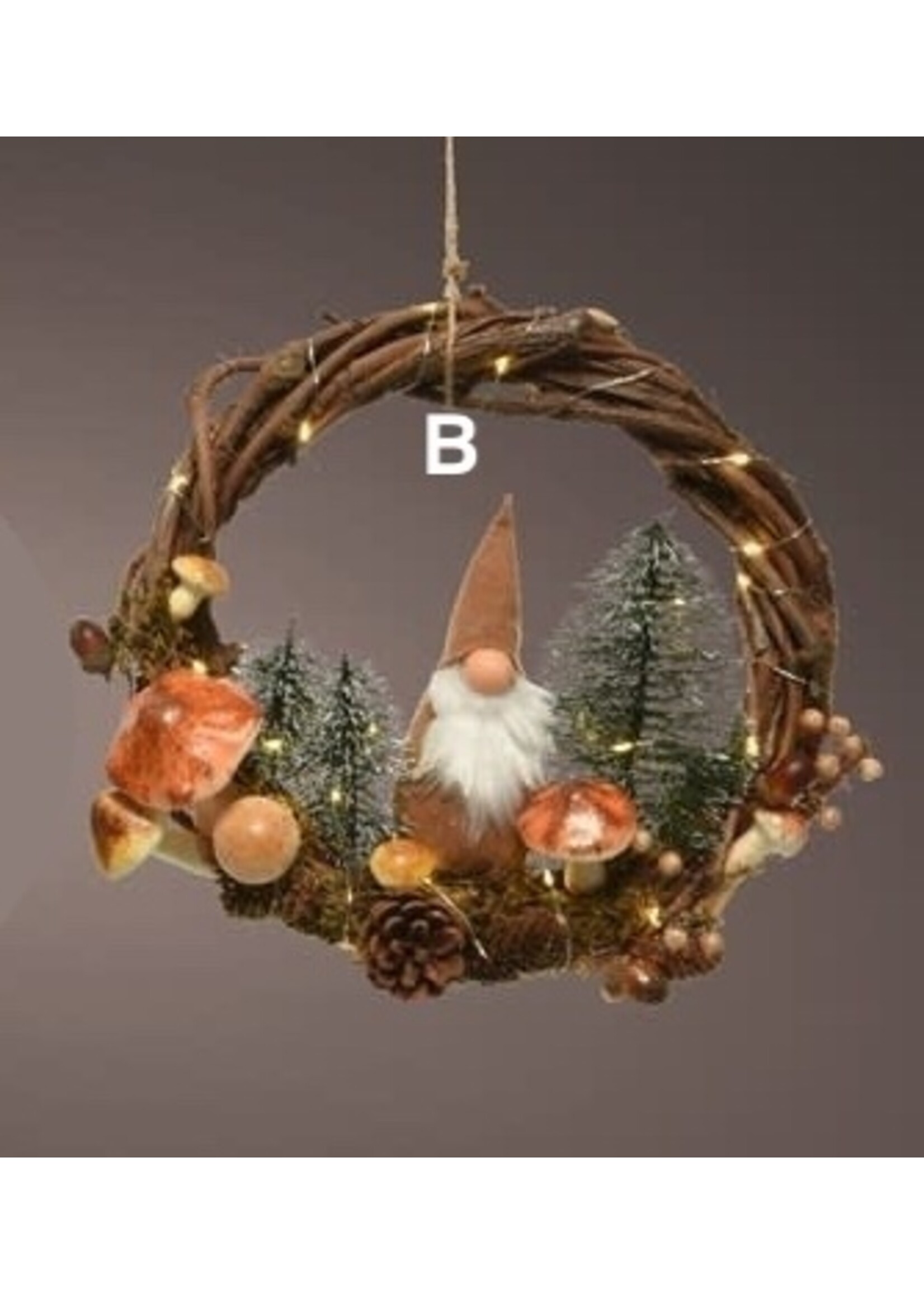 Lumineo Toadstool and Gnome Wicker Wreath With Warm White LED Pin Lights