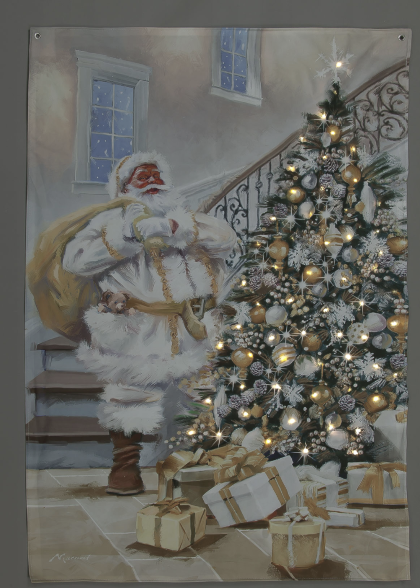 Snowtime Illuminated Wall Art Gold Santa Delivering LED 100x145cm