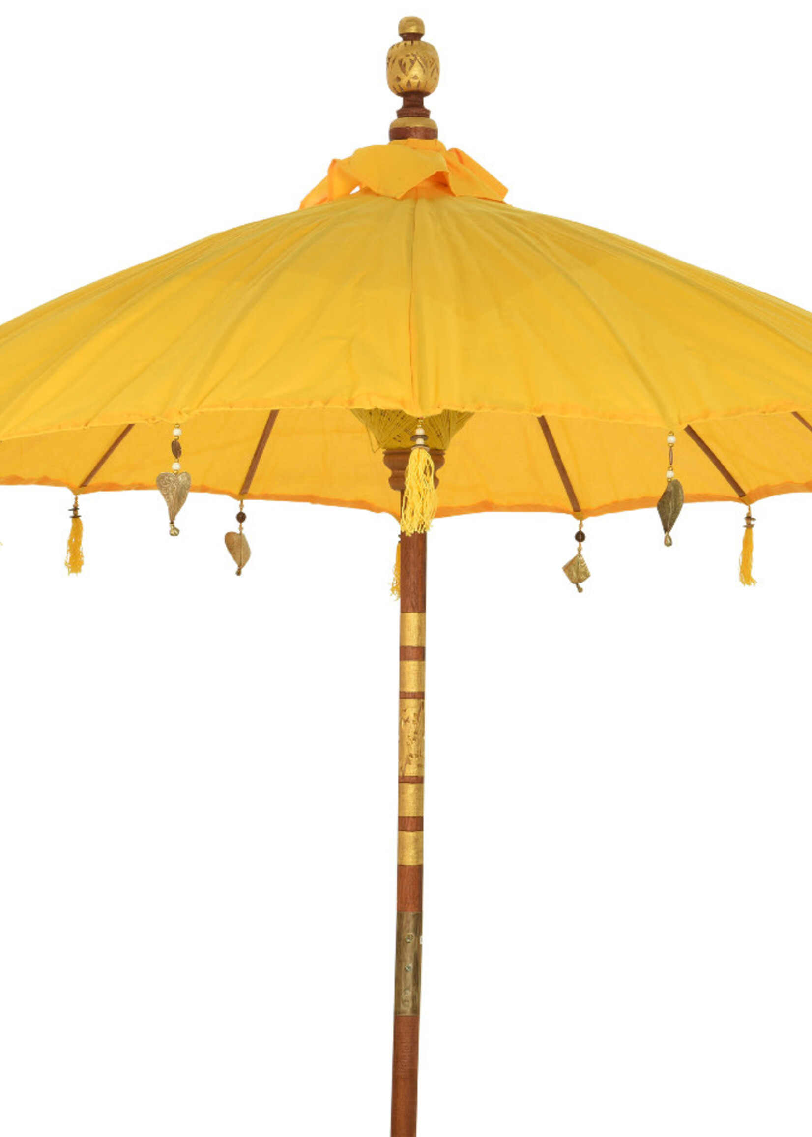 Decoris Yellow Oriental Bali Bamboo Parasol Umbrella With Hanging Gold Metal Ornaments 200 x 230cm