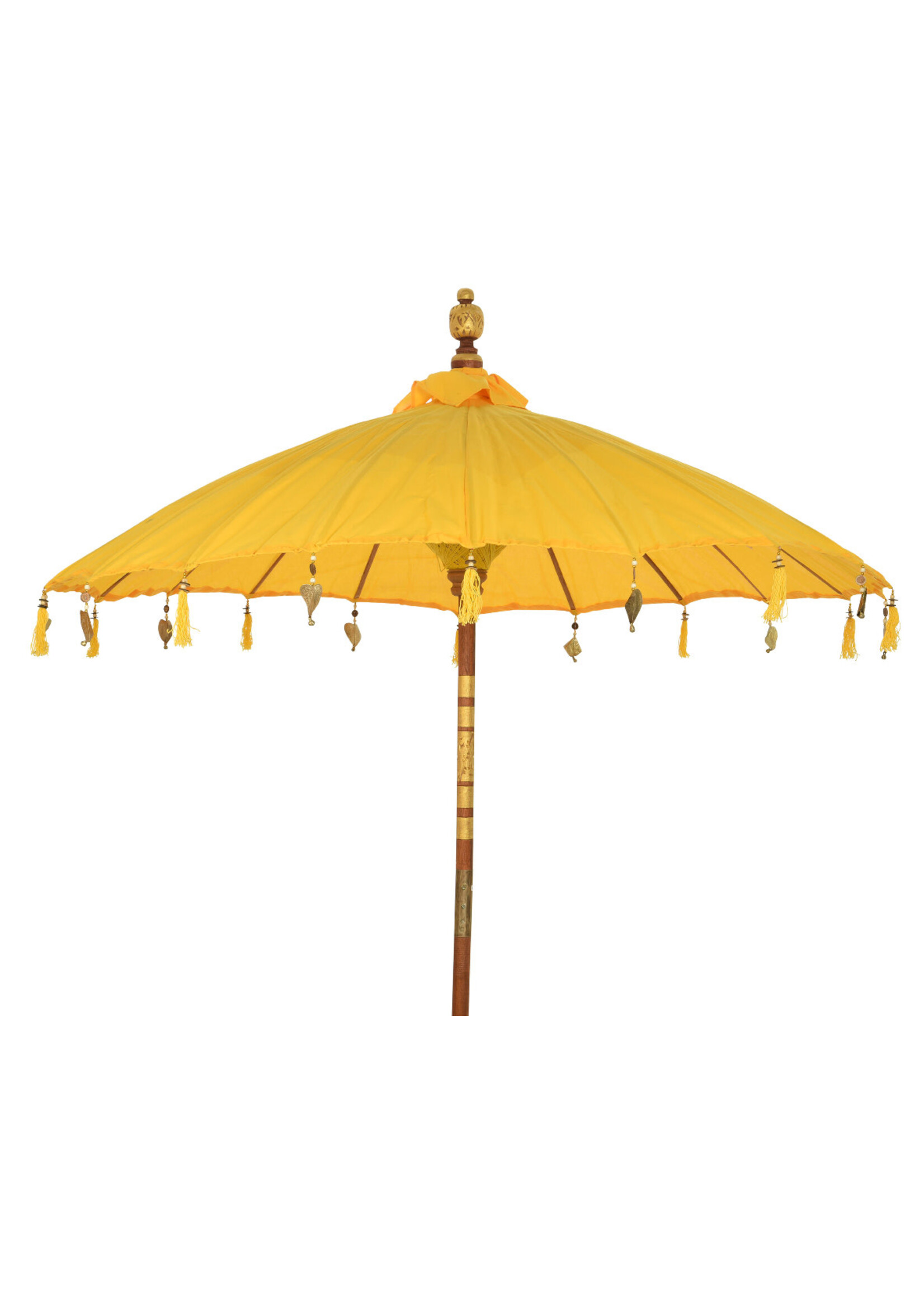 Decoris Yellow Oriental Bali Bamboo Parasol Umbrella With Hanging Gold Metal Ornaments 200 x 230cm