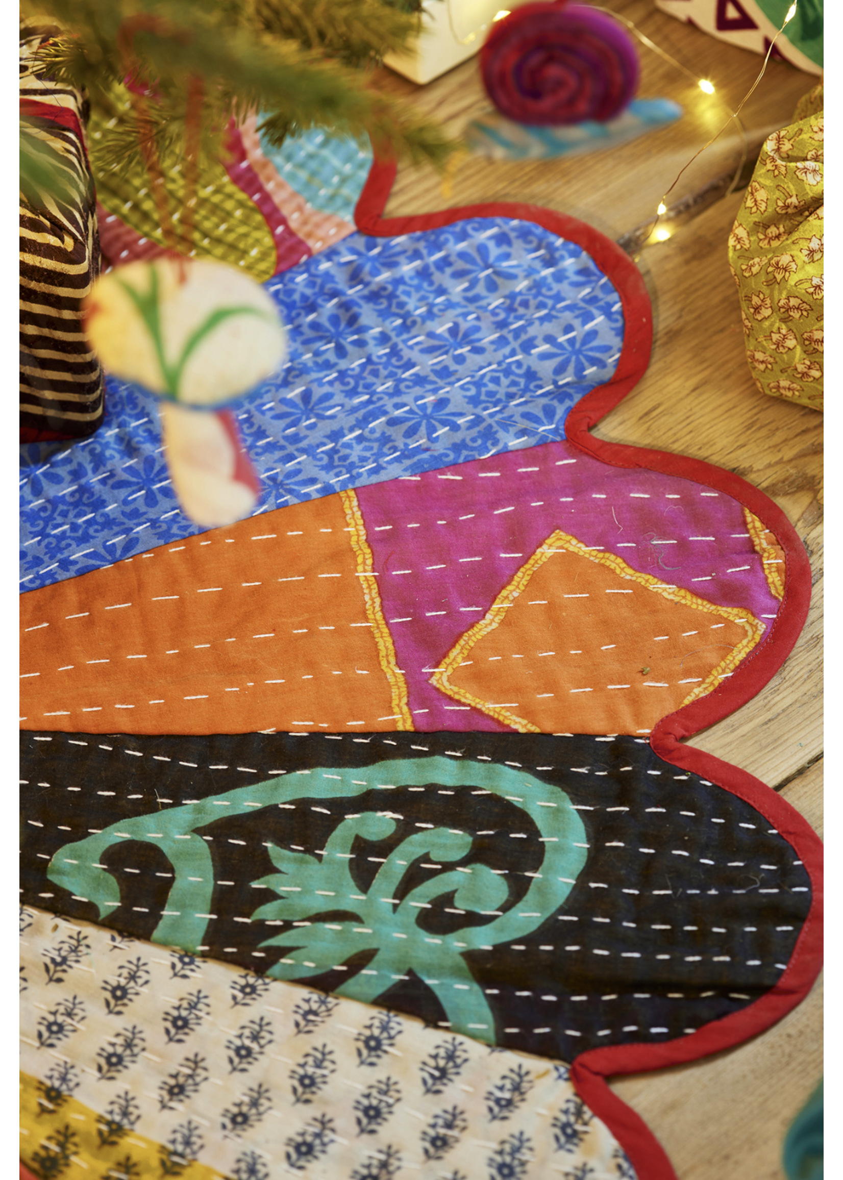 Namaste Tree Skirt Recycled Kantha Patch Sari - Fair Trade