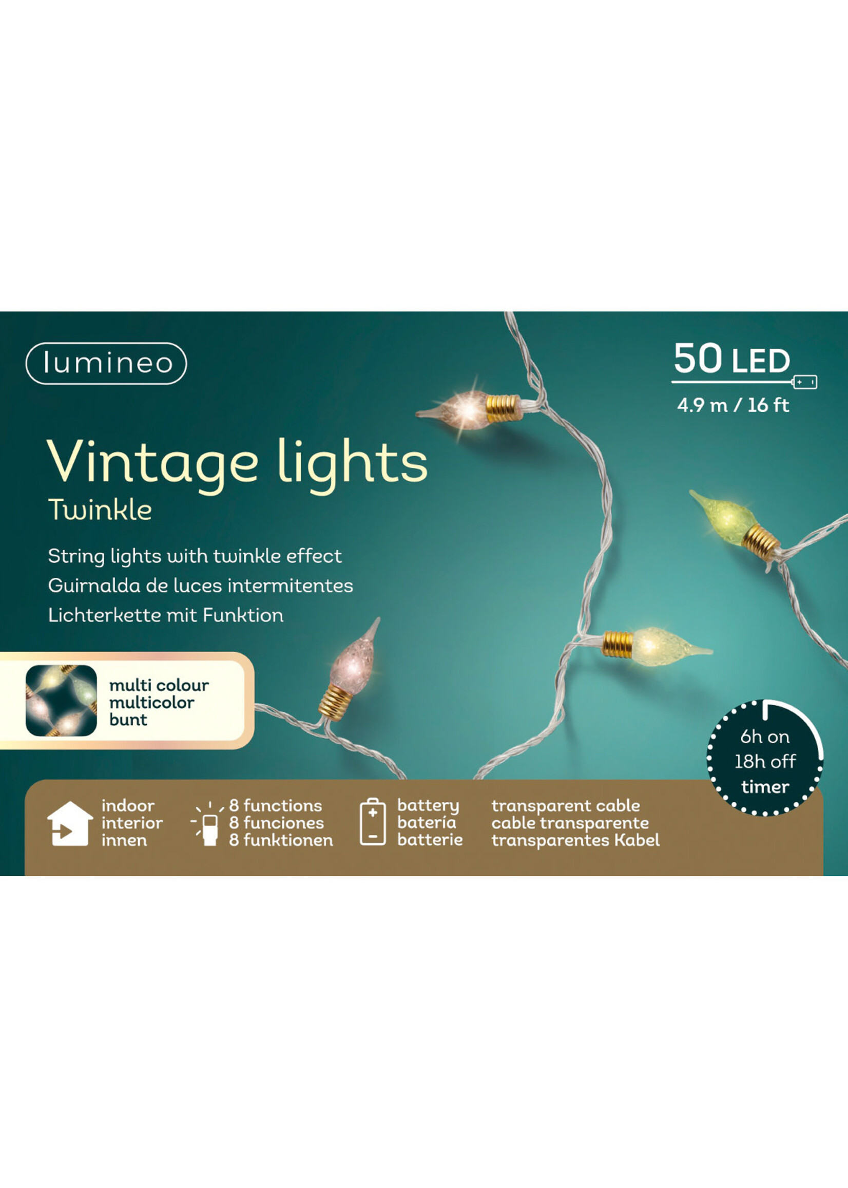Lumineo Vintage Bulb Pastel Colours LED 50 Lights (clear cable) - Indoor Battery