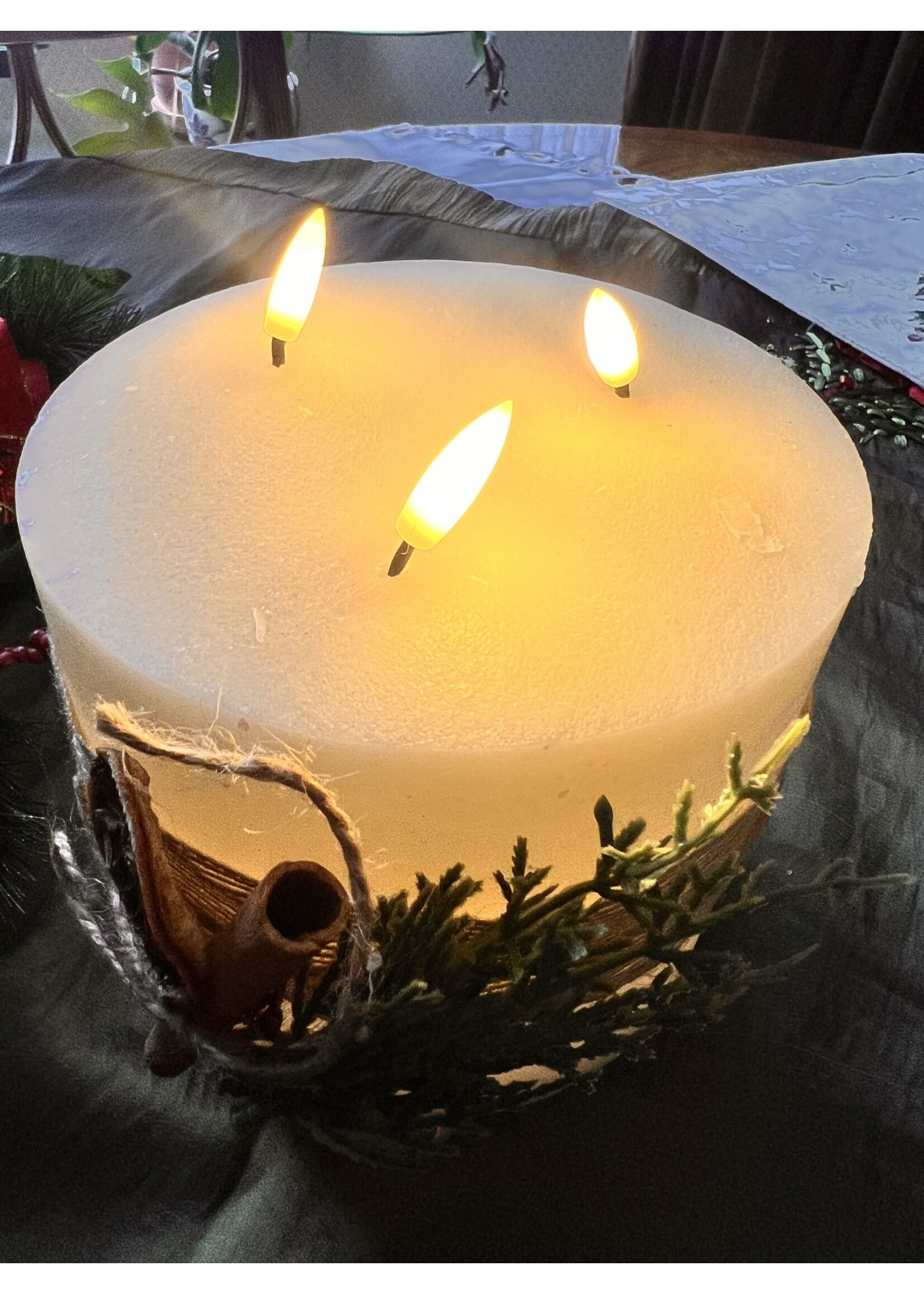 Lumineo Large Triple LED Wick Battery Candle With Foliage