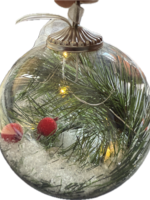 Decoris Clear Bauble containing warm white LEDs, fir and cone decorations and glitter snow