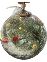 Decoris Clear Bauble containing warm white LEDs, fir and cone decorations and glitter snow