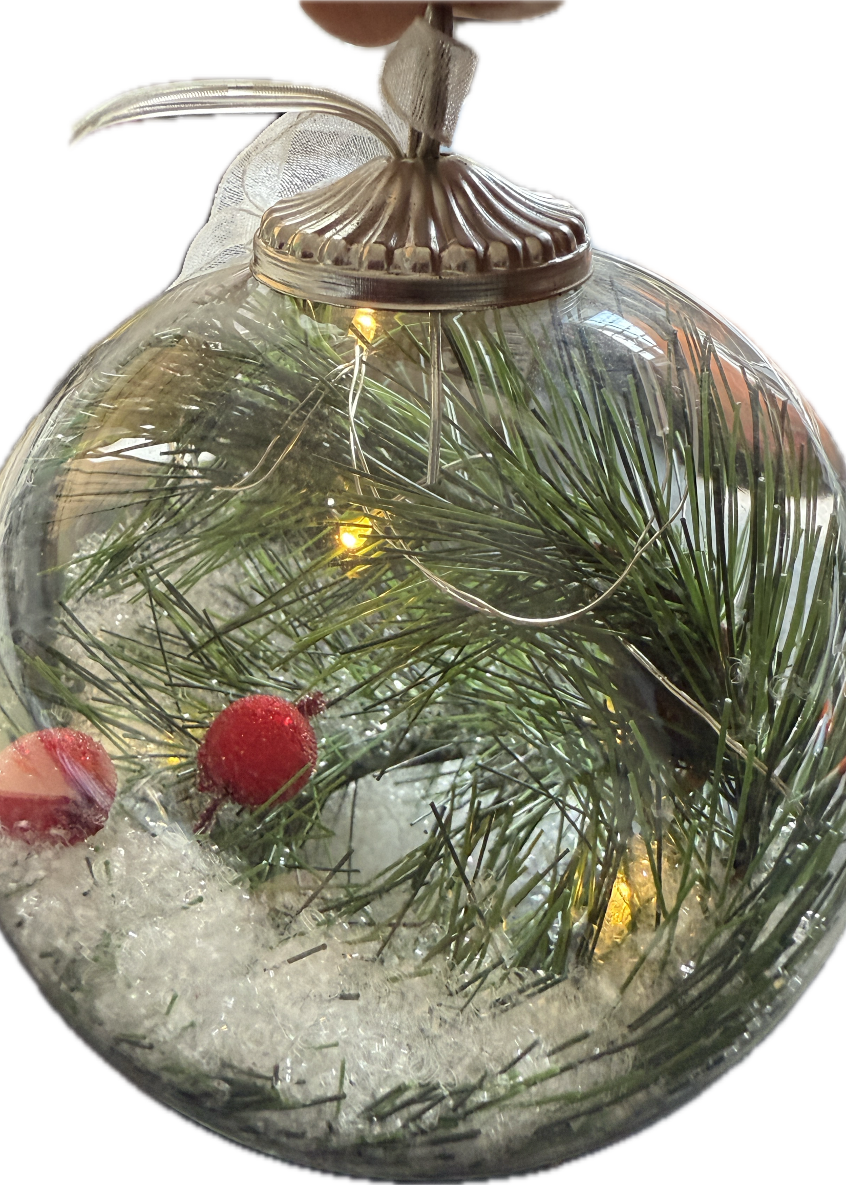 Decoris Clear Bauble containing warm white LEDs, fir and cone decorations and glitter snow