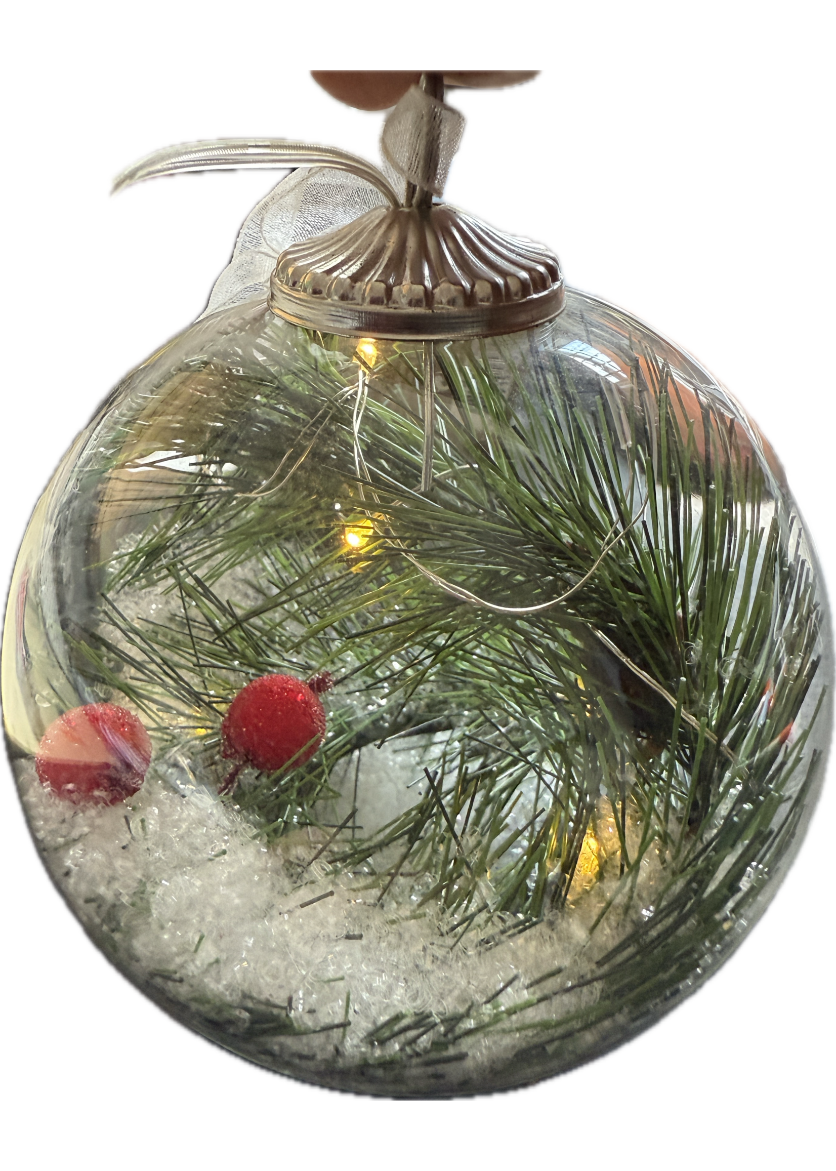 Decoris Clear Bauble containing warm white LEDs, fir and cone decorations and glitter snow
