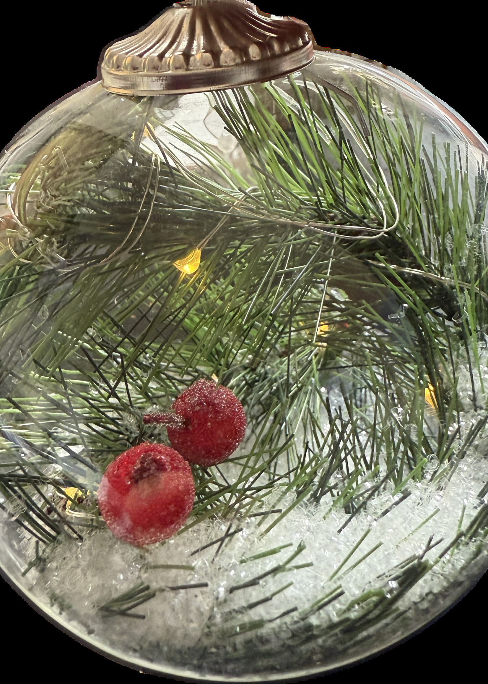 Decoris Clear Bauble containing warm white LEDs, fir and cone decorations and glitter snow