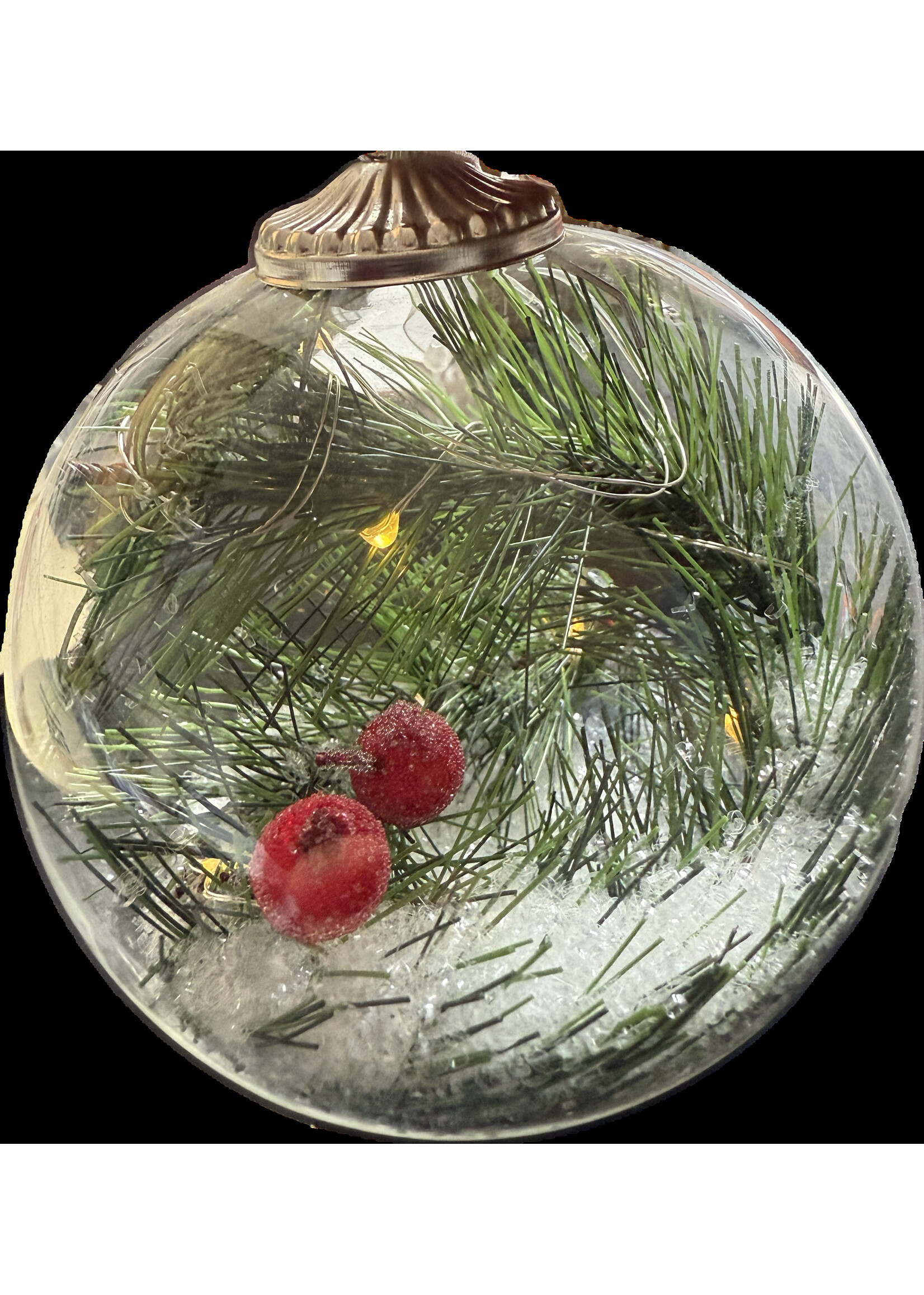Decoris Clear Bauble containing warm white LEDs, fir and cone decorations and glitter snow