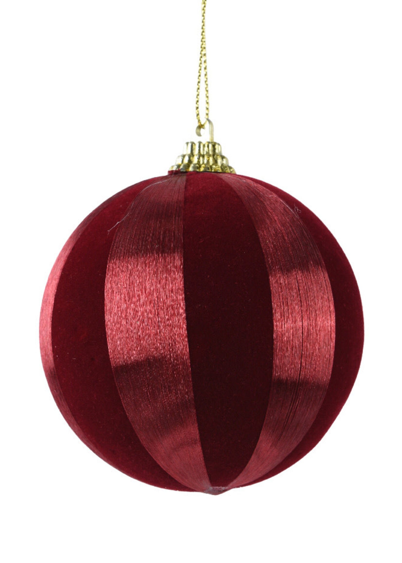 Decoris Red and Maroon Stripe Satin String and Velvet Bauble 8cm