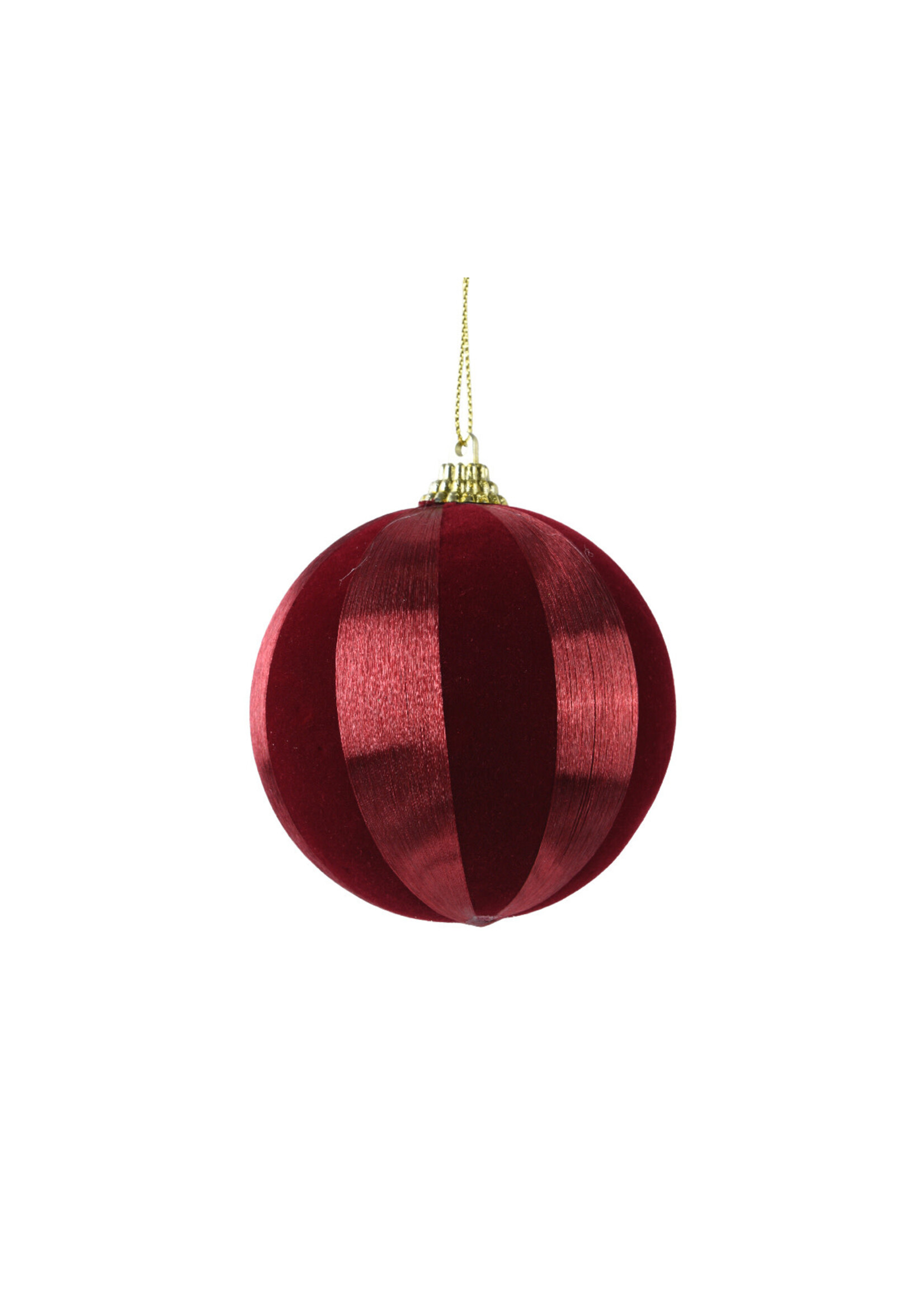Decoris Red and Maroon Stripe Satin String and Velvet Bauble 8cm