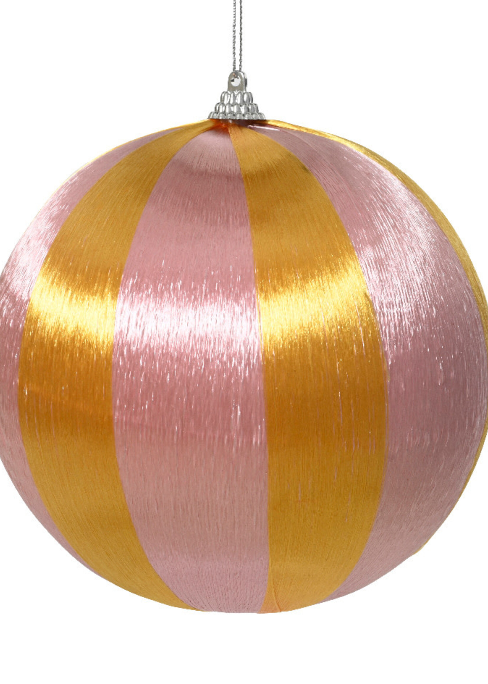 Decoris Pink and Yellow Stripe Satin String Bauble 8cm