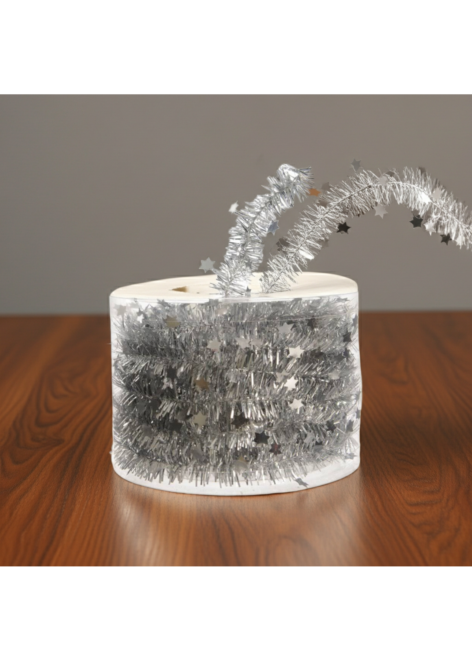 Silver coloured Tinsel Garland With Stars 7m x .3cm