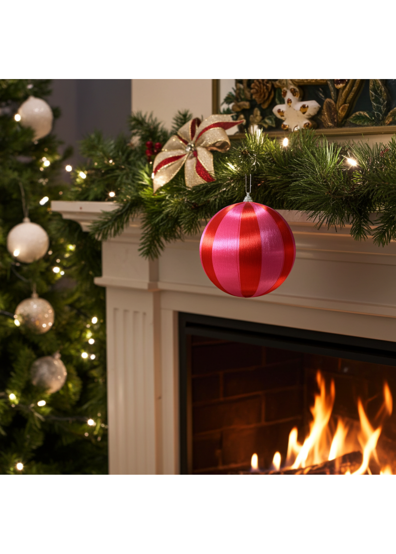 Decoris Pink and Red Striped Satin String Bauble 8cm