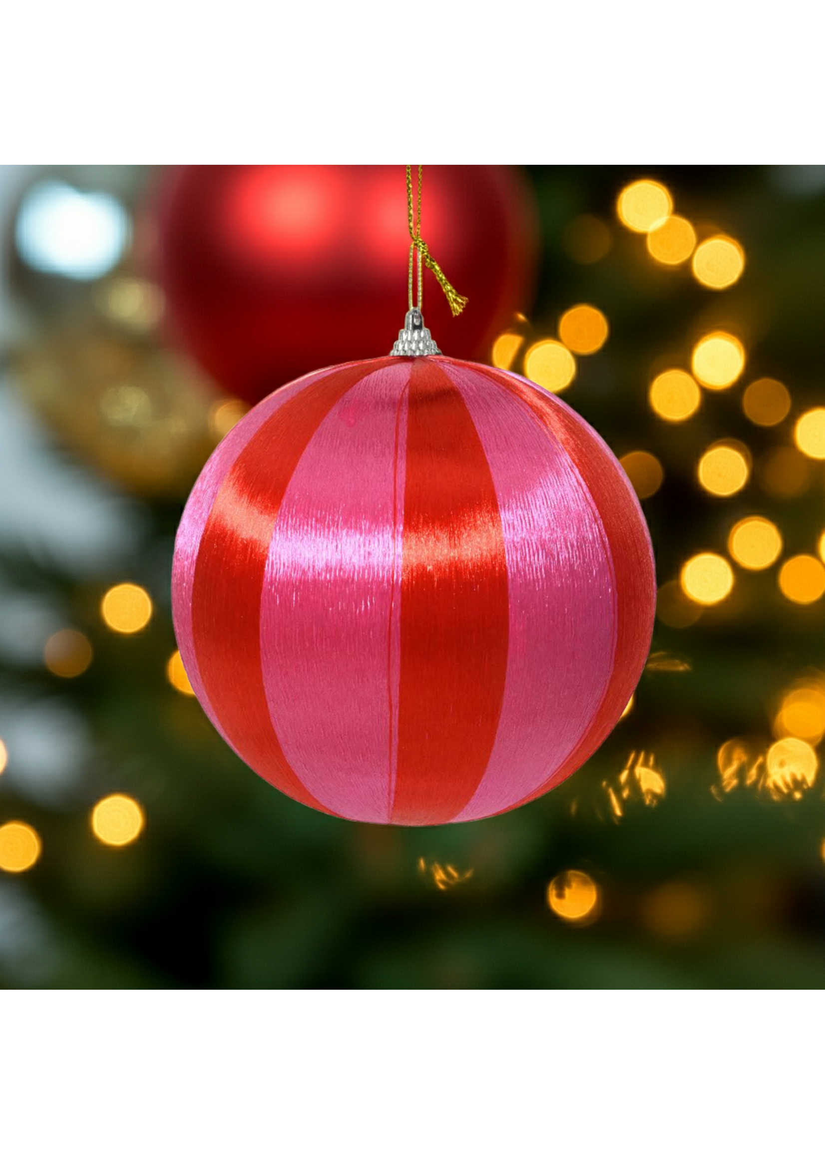 Pink and Red Striped Satin String Bauble 8cm