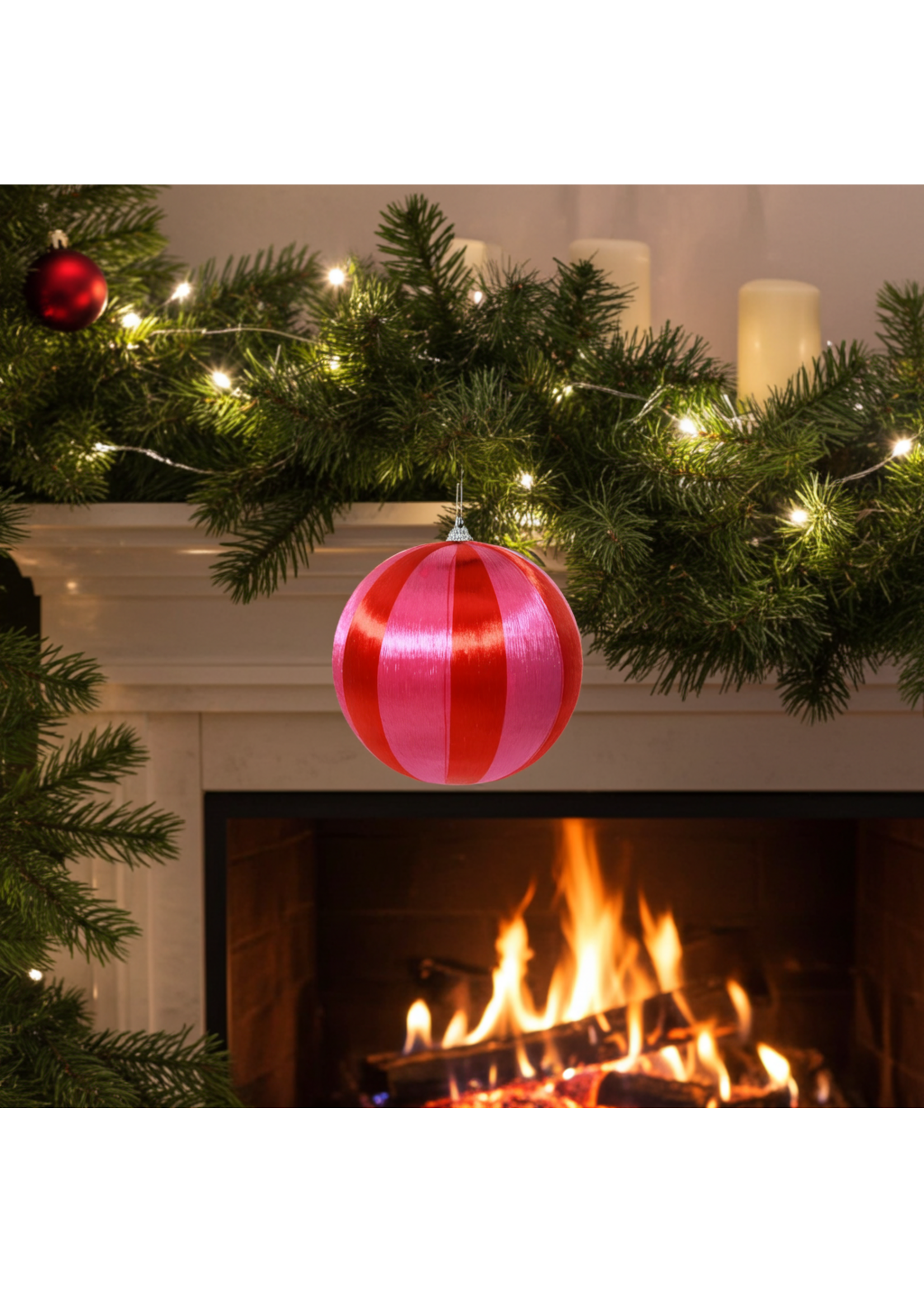 Pink and Red Striped Satin String Bauble 8cm