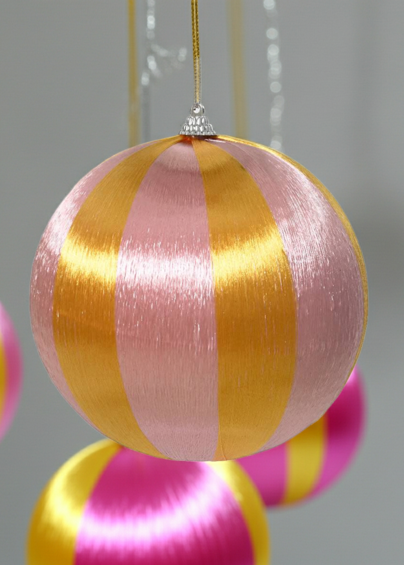 Decoris Pink and Yellow Stripe Satin String Bauble 8cm