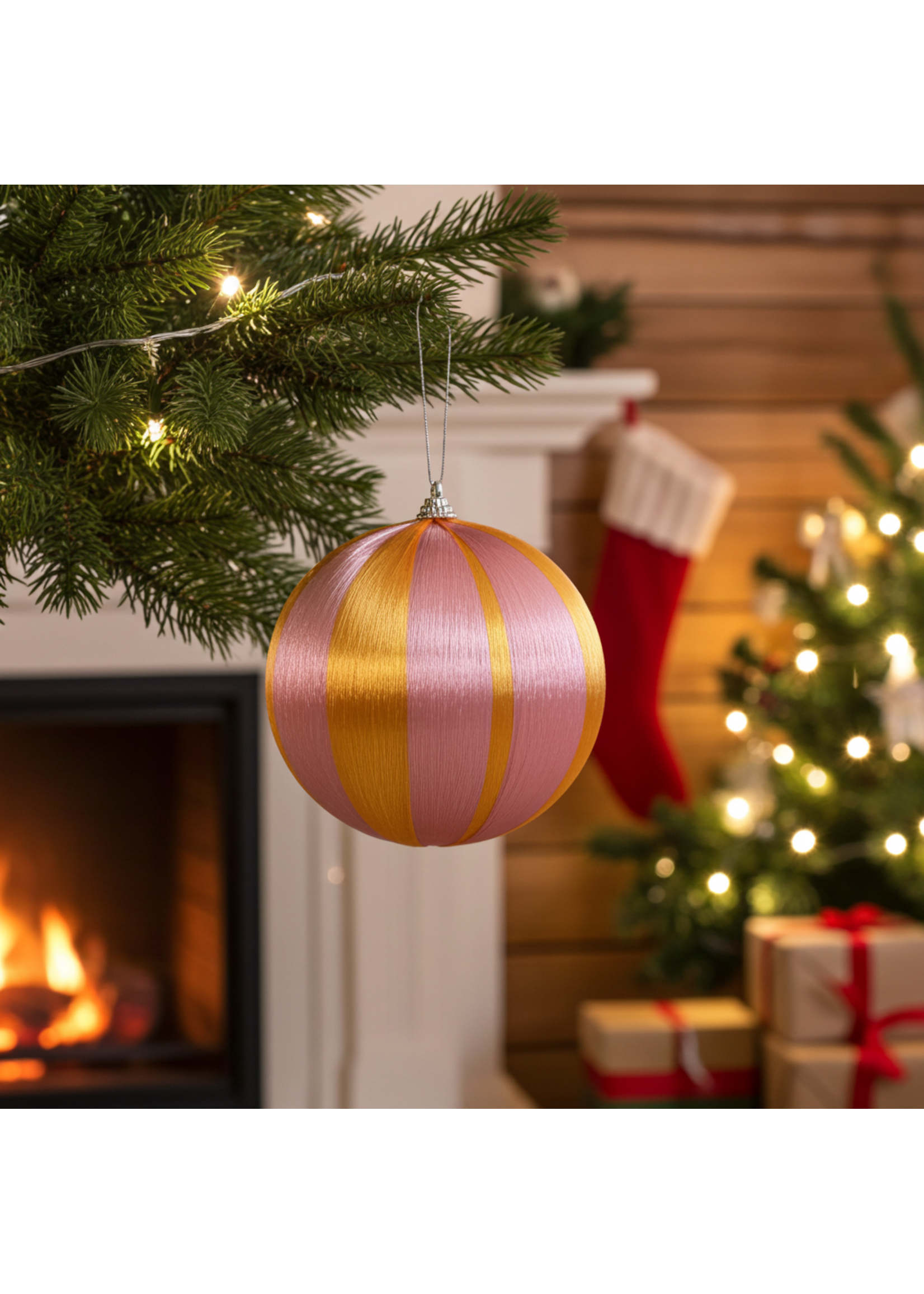 Decoris Pink and Yellow Stripe Satin String Bauble 8cm