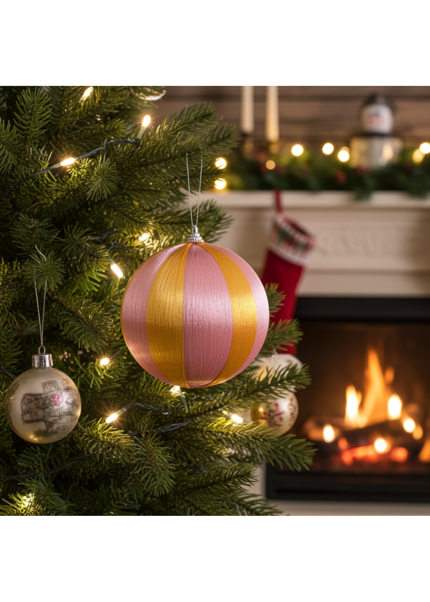 Decoris Pink and Yellow Stripe Satin String Bauble 8cm