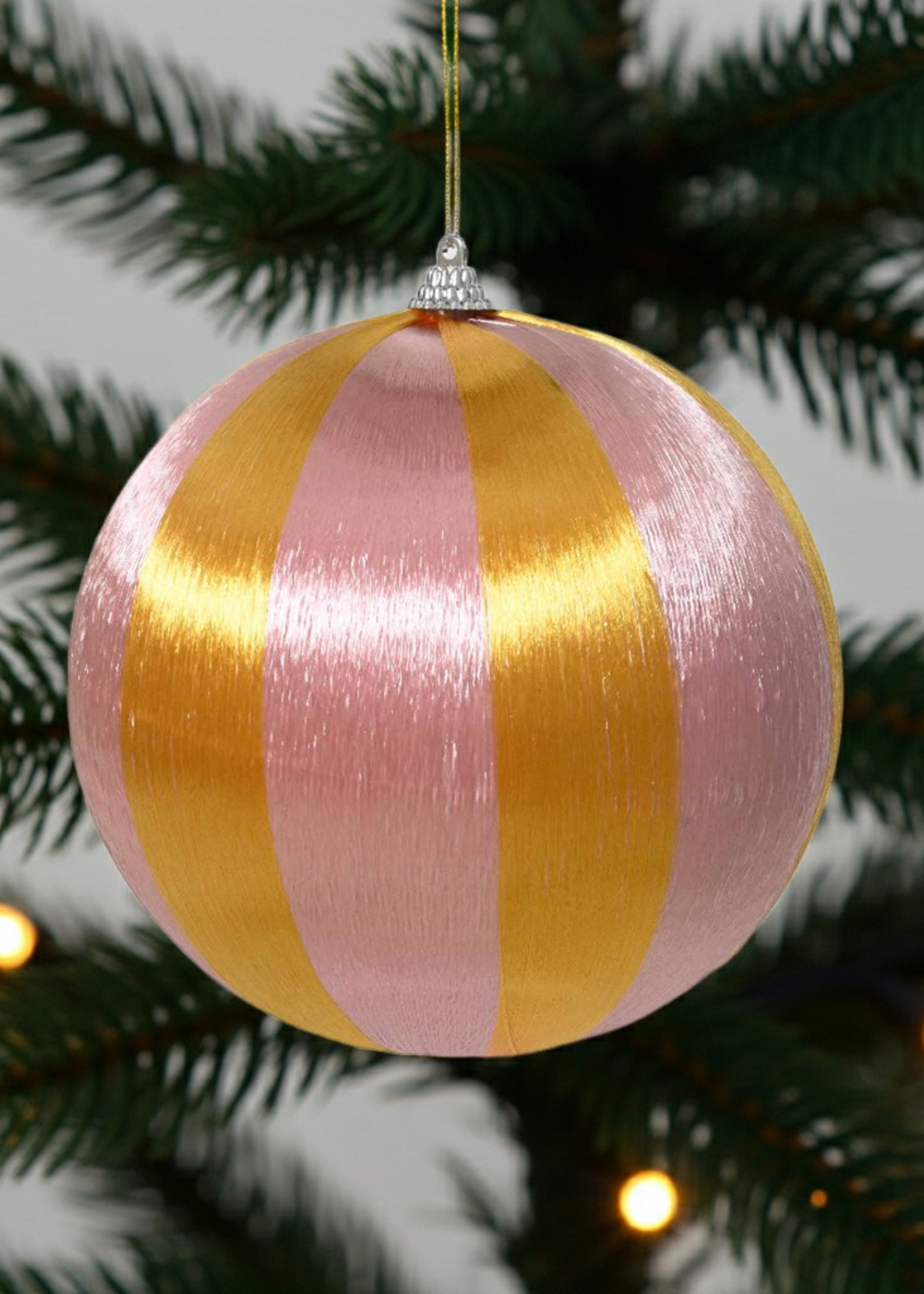 Decoris Pink and Yellow Stripe Satin String Bauble 8cm
