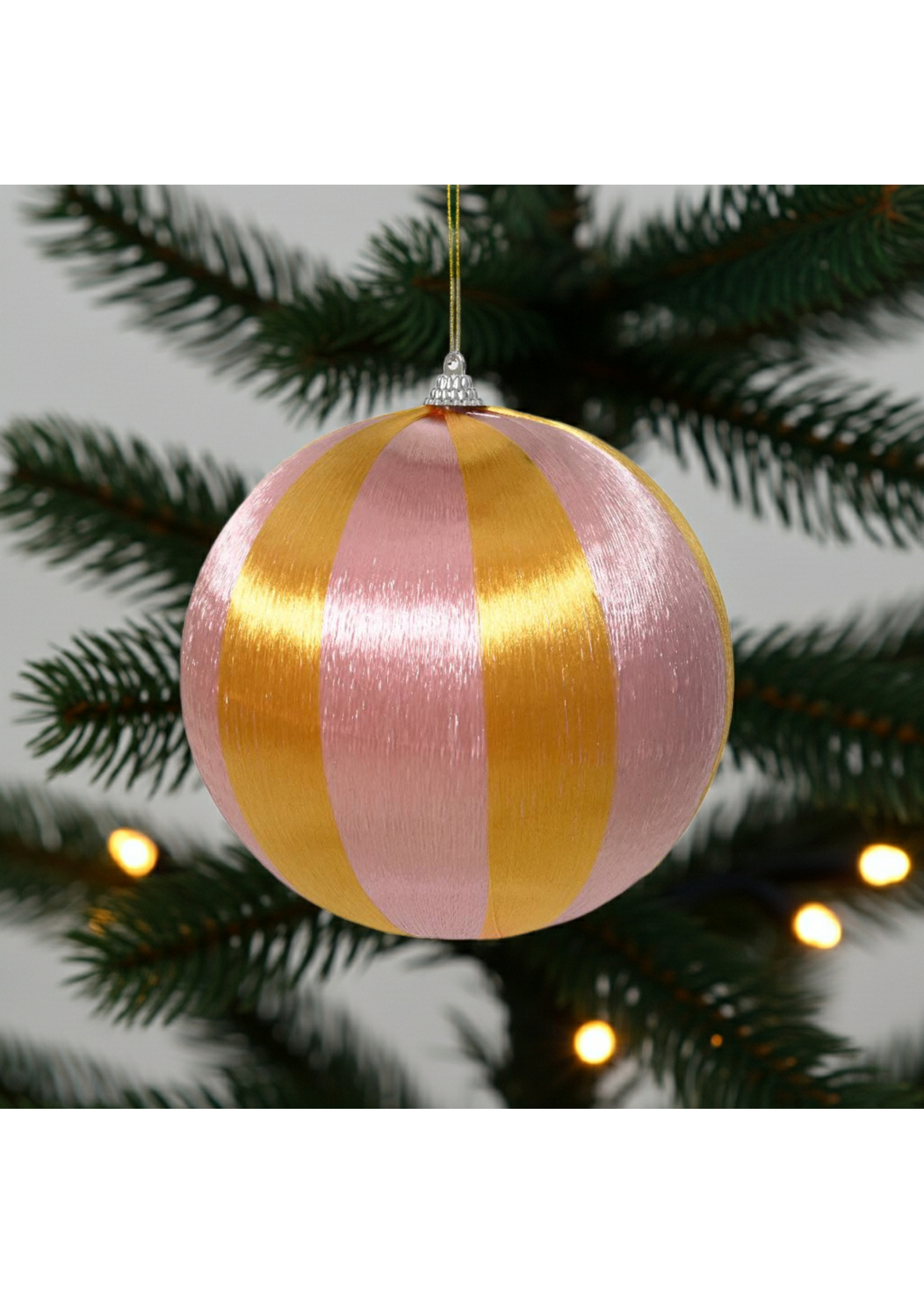 Decoris Pink and Yellow Stripe Satin String Bauble 8cm