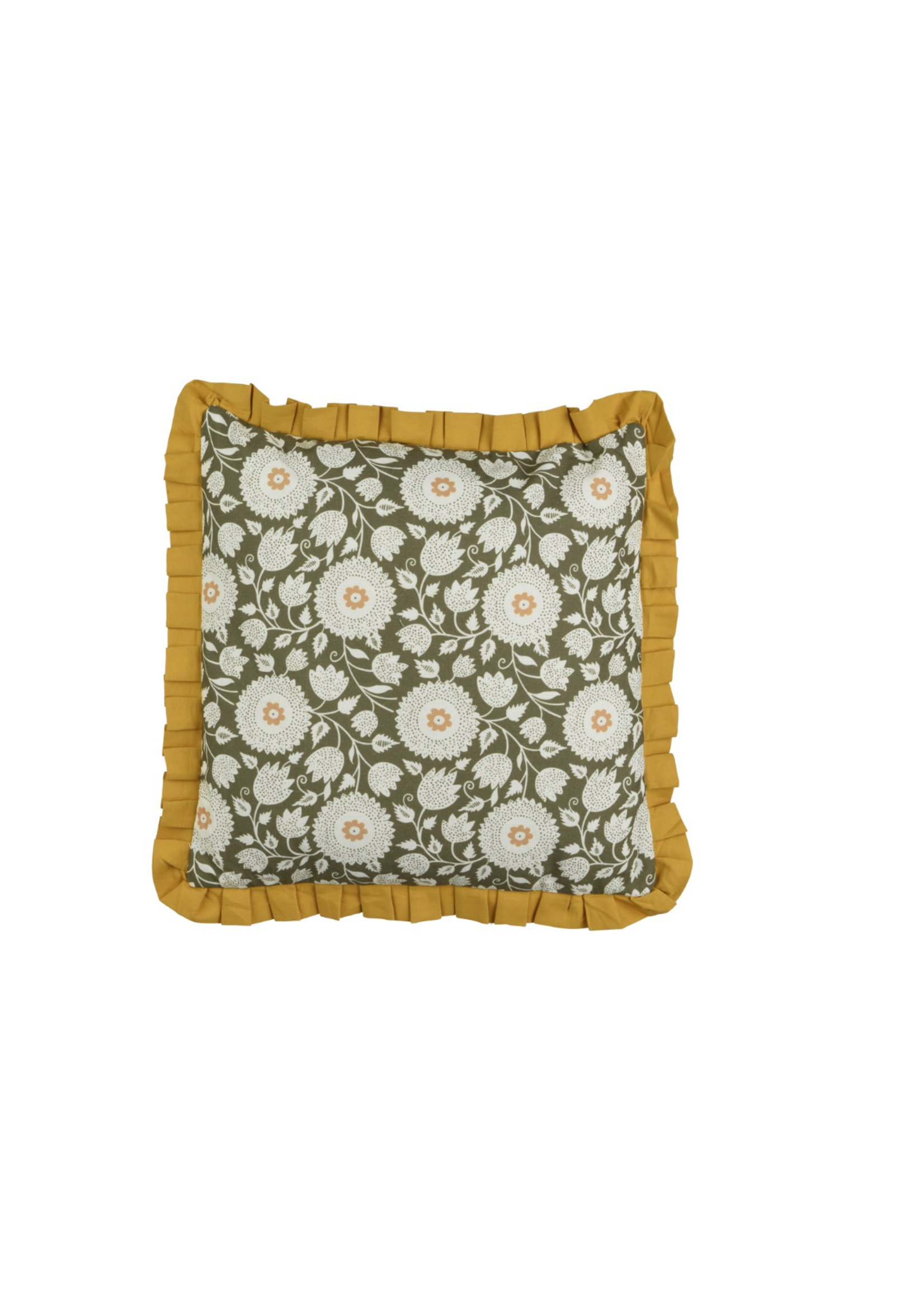 Decoris Floral Frill Cushion Green and Yellow 45x45
