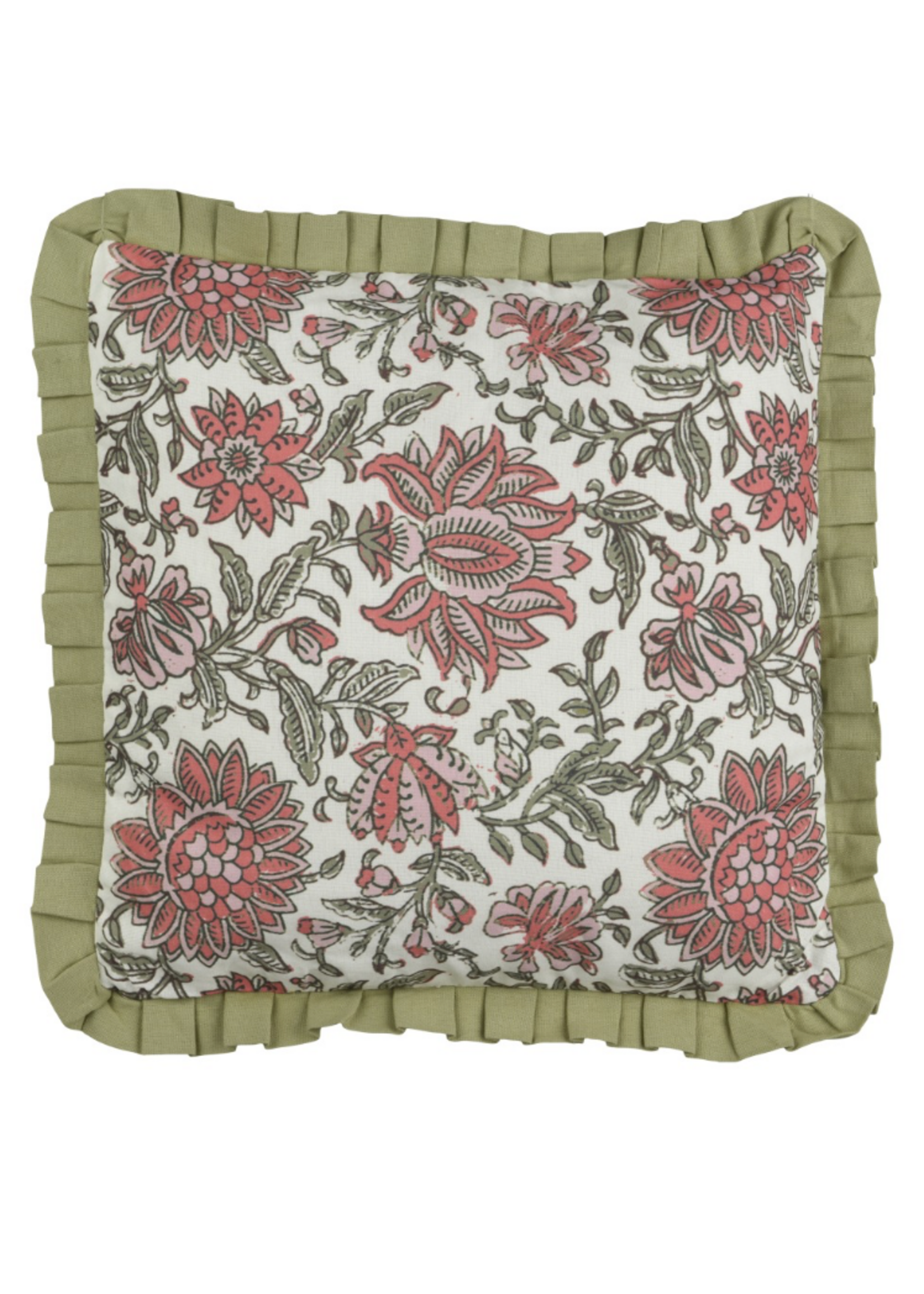 Decoris Floral Frill Cushion Green and Pink 45x45