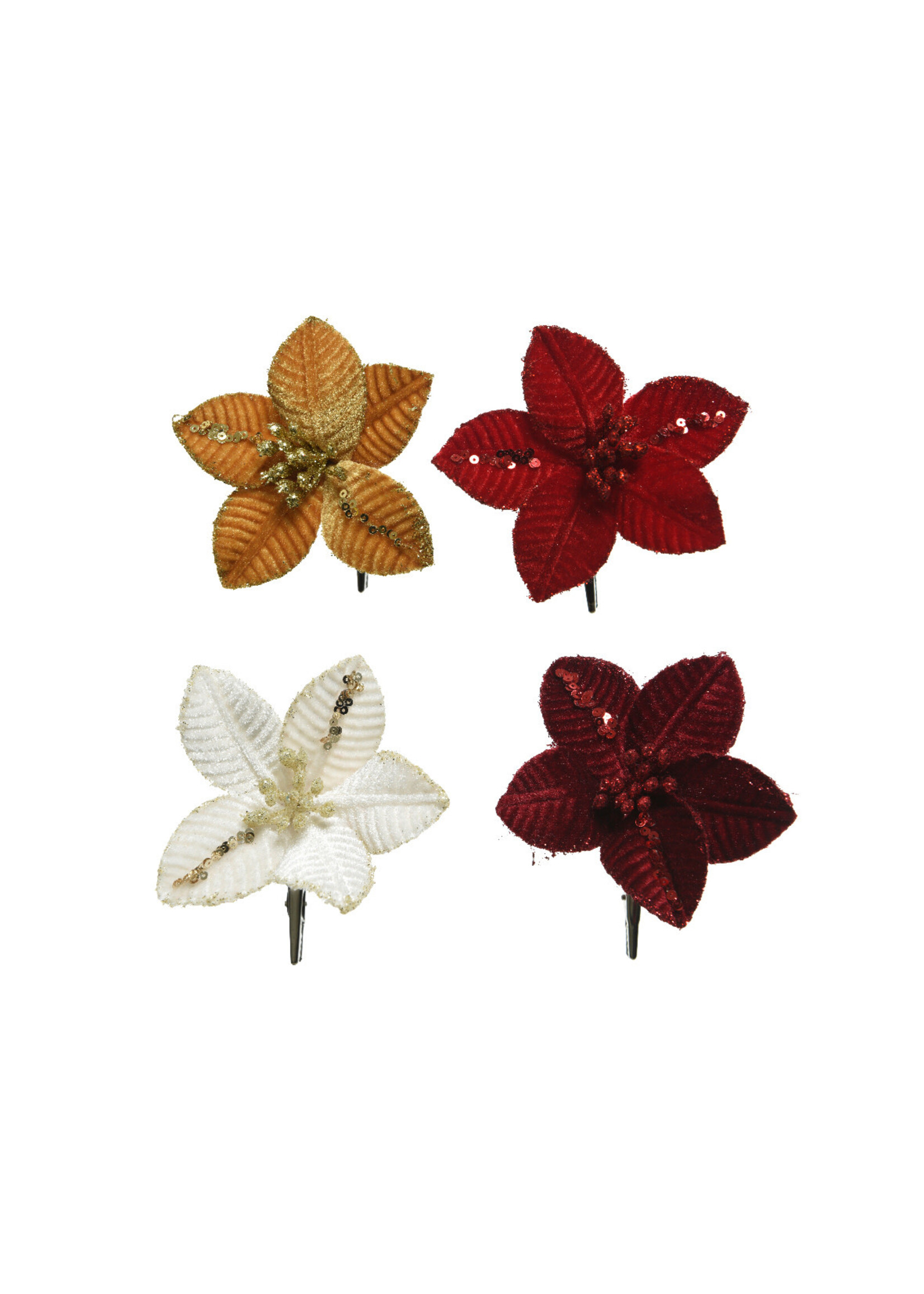 Decoris Poinsettia Clip on, Red, Cream, Gold, Maroon - Price is for one